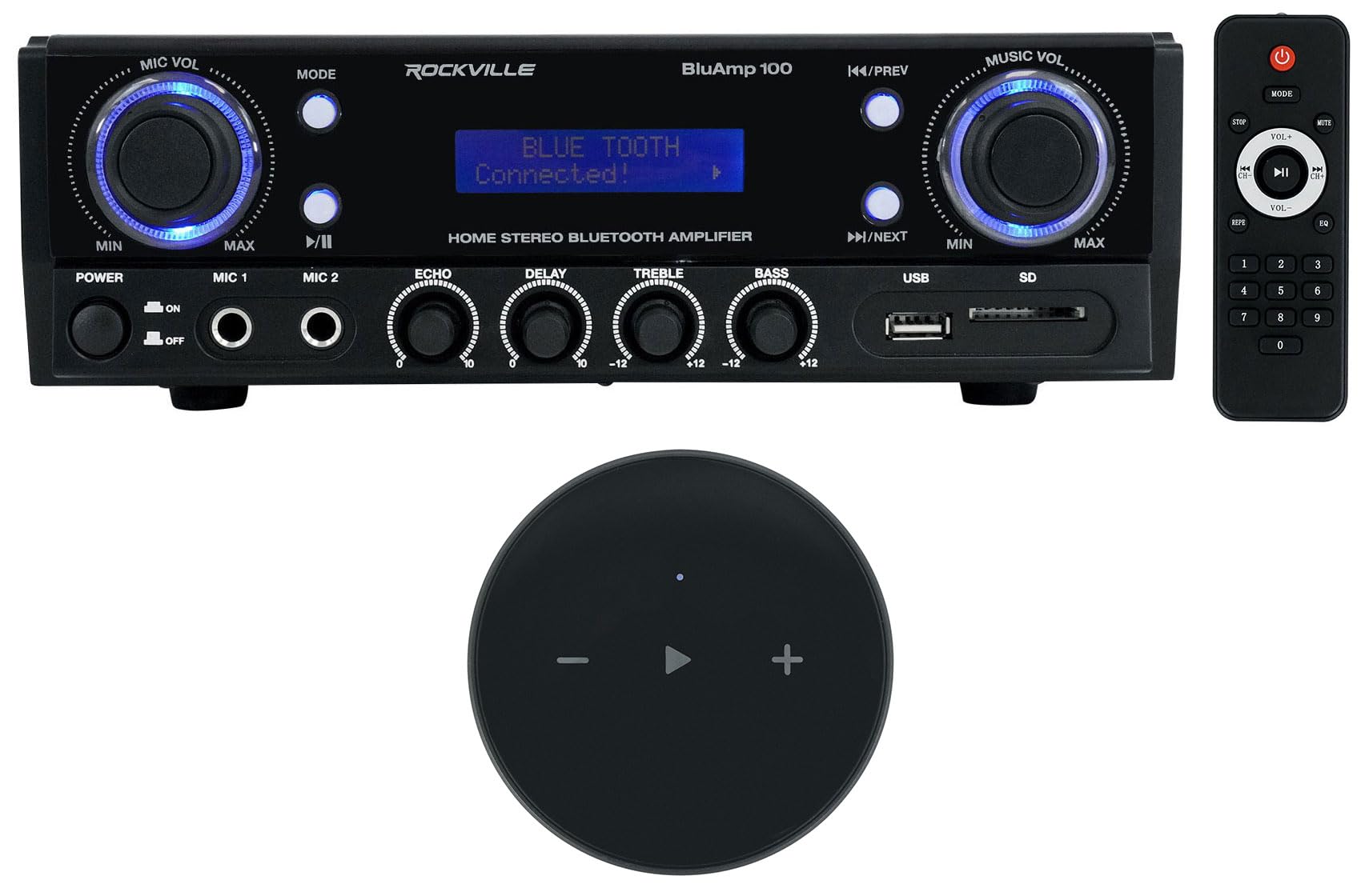 (1) Rockville BLUAMP 100 Home Stereo Bluetooth Amplifier with USB/Mic Input+RCA Out Bundle with (1) Rockville Mini WiFi Music Player Wireless Audio Streaming Multiroom Stereo Receiver (2 Items)