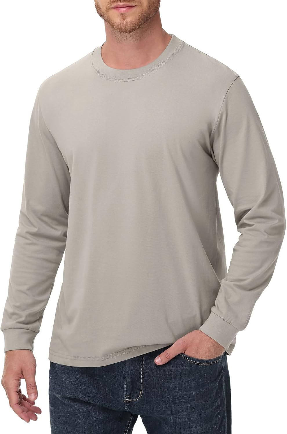 KEEPSHOWING Men's Heavy Weight Long Sleeve T Shirt Crew Neck Cotton Shirts Mens Thick Comfort Solid Tee Shirt