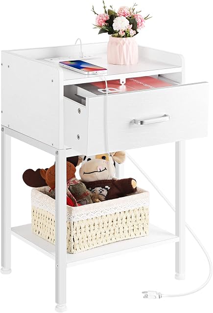 White Night Stands with Drawer, Narrow Bedside Side Tables Bedroom | Modern End Tables Living Room, Small Table, Open Storage Shelf, 2 AC Outlets & 3 USB Ports, Bedroom Furniture, Easy Assembly