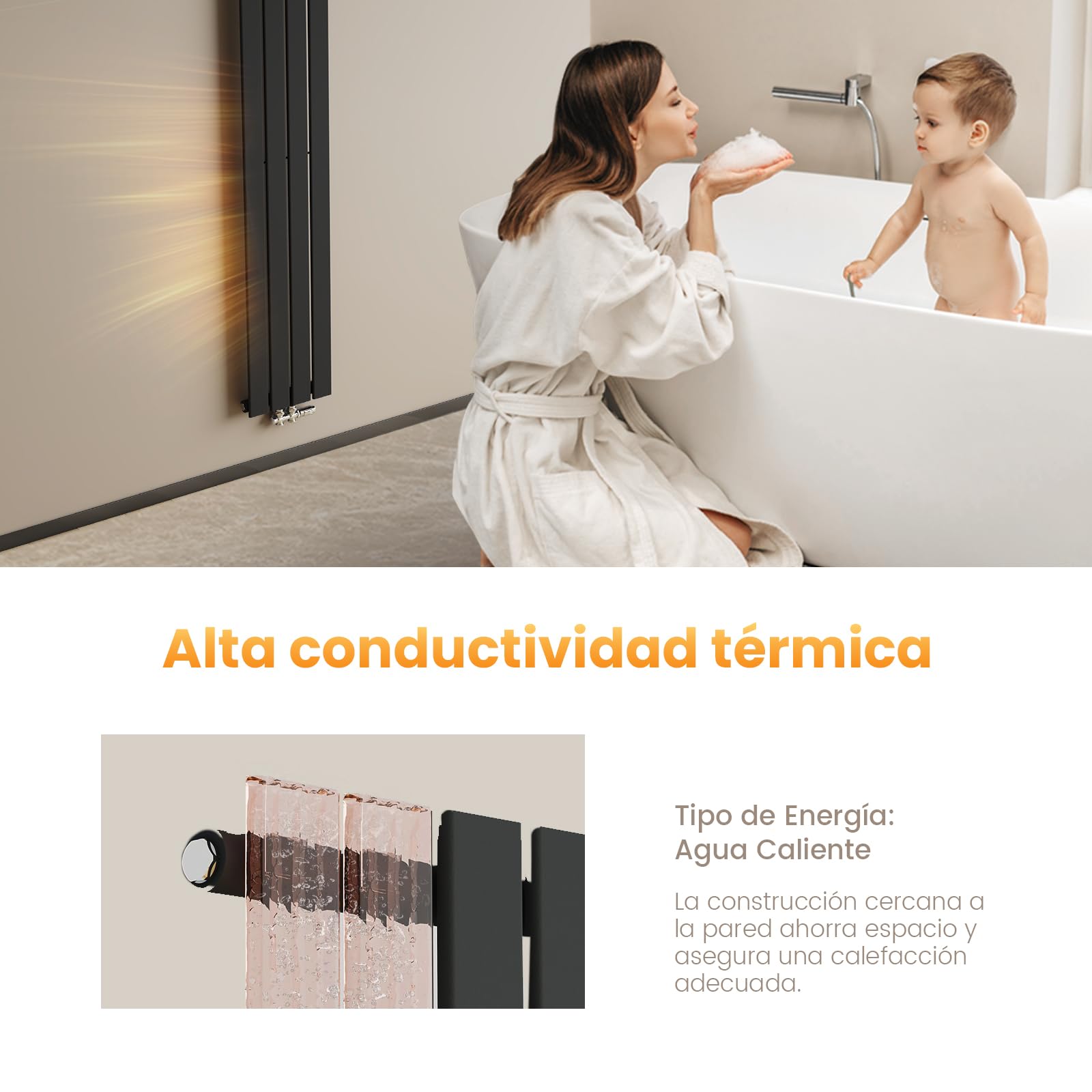 EMKE Radiador Compacto Vertical 1800x300 mm, Estrecho y Alto para Baño, Panel Plano Mural, Conexión Central, Diseño Elegante, 627 Vatios, Negro