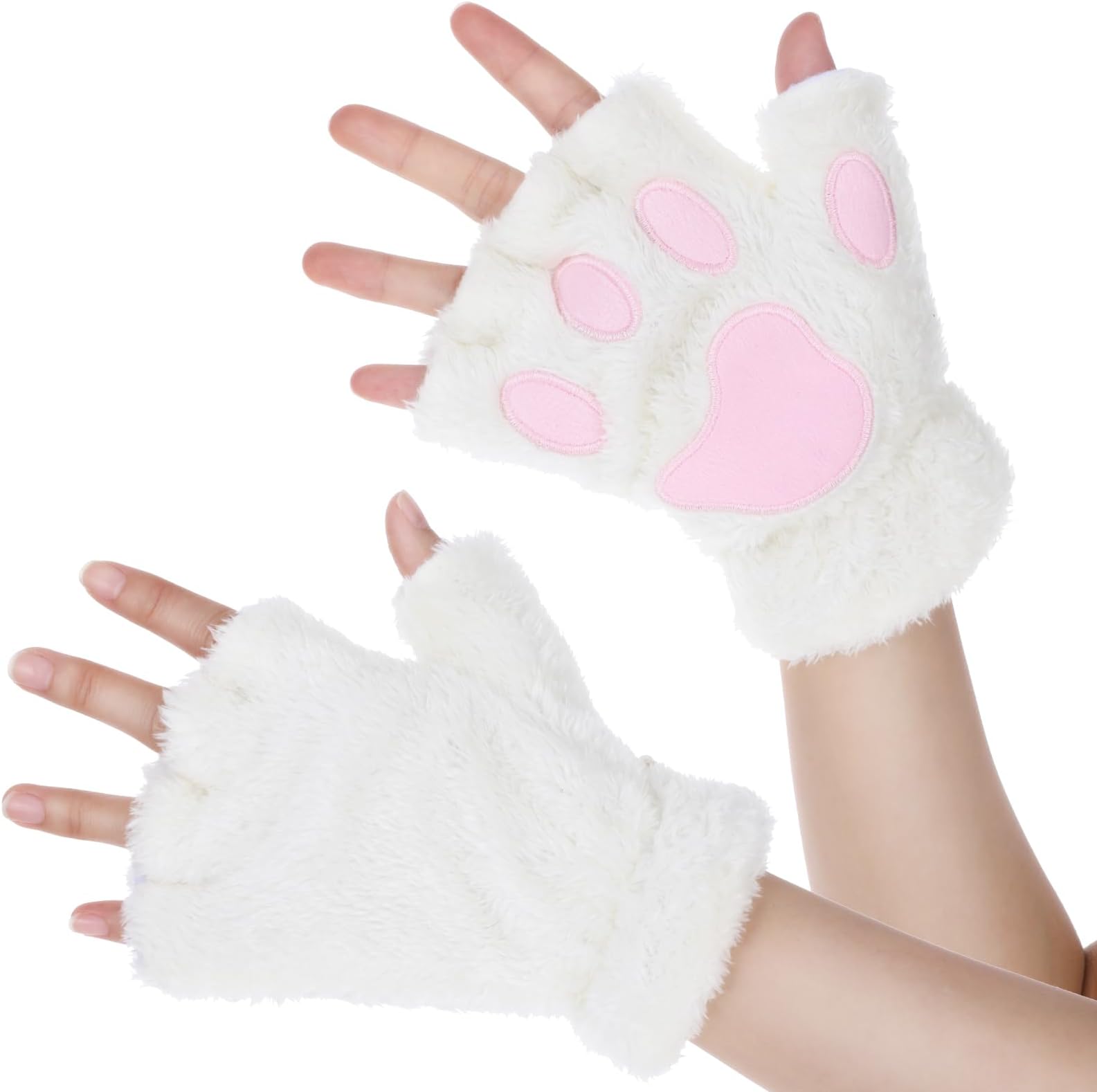 Sibba 2 Pcs Furry Cat Paw Mittens Gloves Fingerless Bear Furry Paw Hand Mittens Cute Paw Gear Cosplay Costume Accessories Women Glove Novelty Clothing for Parties Performance Halloween, white