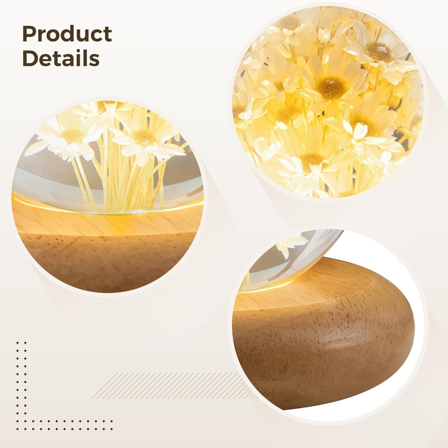 Dandelion Crystal Ball Night Light, Real Daisy Flower, 2.76 in / 7 cm, Yellow LED Wooden Base, Unique Gifts for Women, Decorative Table Lamp for Bedroom, Living Room, and Special Occasions