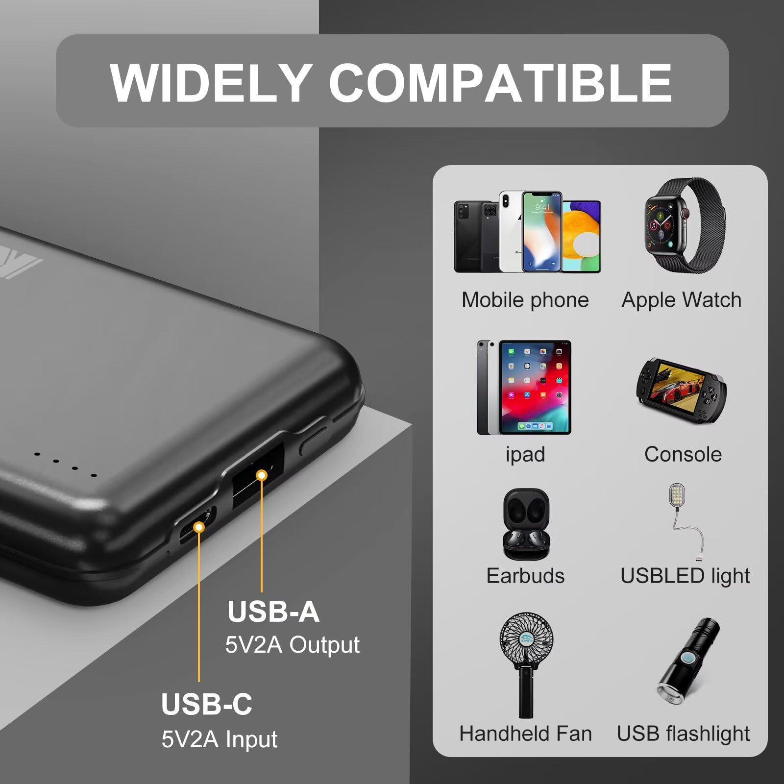 KOVNLO Battery Pack for Heated Vest, 5V 2A 10000mAh USB Power Bank with USB-C Charging Cable, Ultra Thin Portable Charger for Heated Jacket,iPhone, Android — view 6