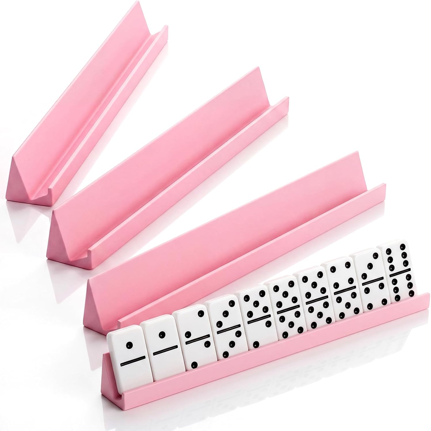 Silipull 4 Pcs Plastic Domino Racks for Women 10 x 1.18 x 1.18 Inch Pink Anti-Slip Dominoes Holders Tray for Mexican Trains Multipleplayers Family Game Nights Party Mahjoon Chickenfoot Supplies