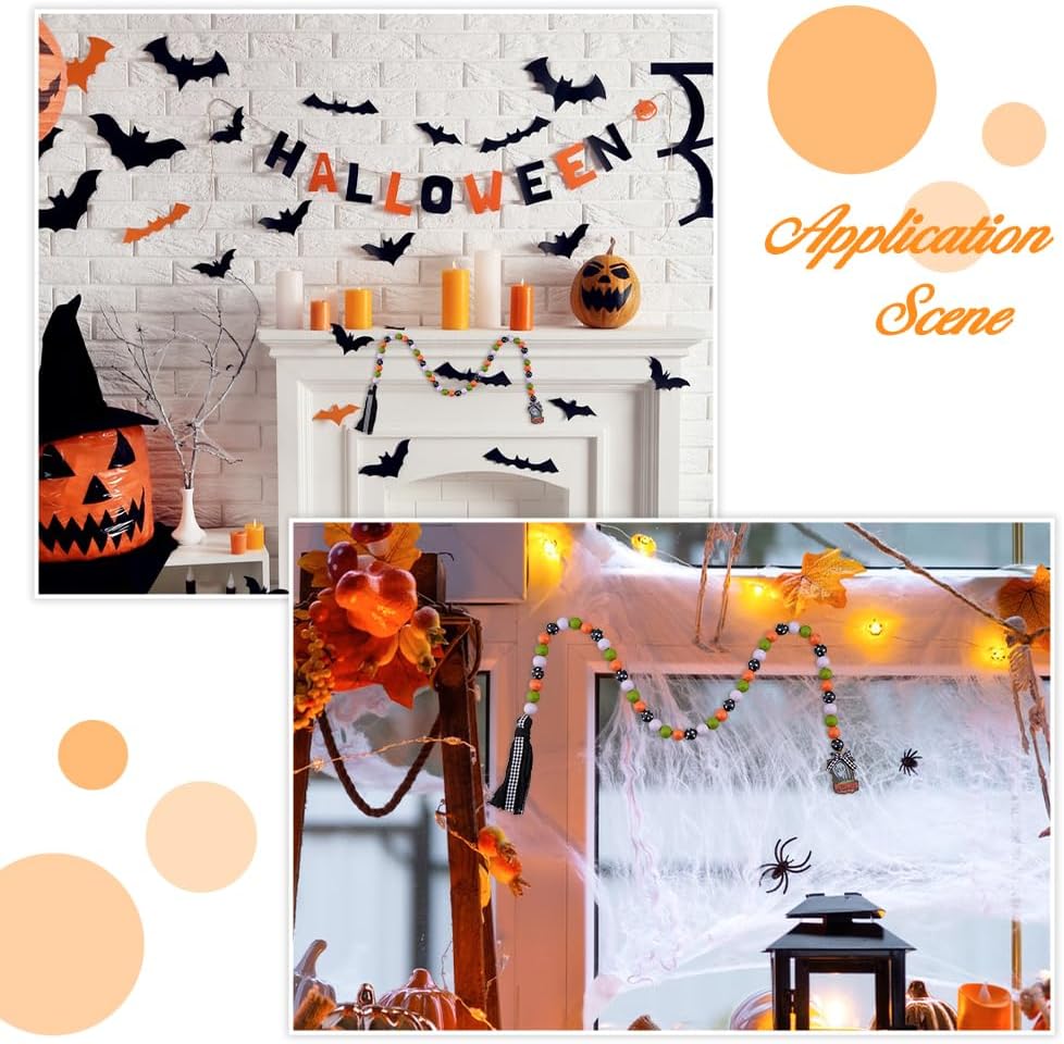 DICOSMETIC 2Pcs Halloween Wooden Bead Garland with Tassel 35.43 Inch Farmhouse Bead Garland with Pumpkin Tomb Rustic Fall Room Decor Halloween Hanging Beads Decorative for Home