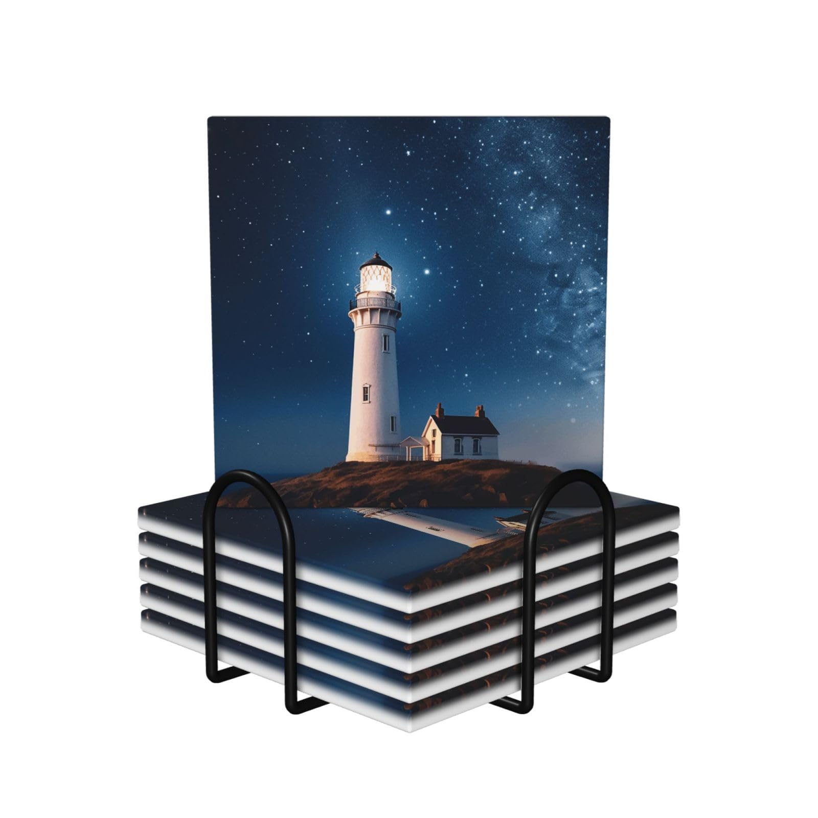 Dessous de verre en céramique absorbante avec support lot de 6 motifs phare et ciel étoilé