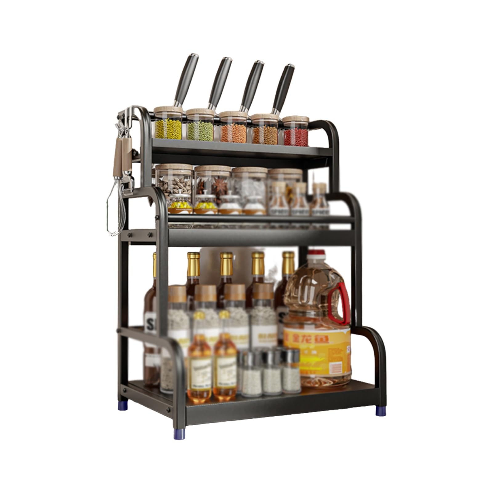 GLETSF Double-Layer Metal Spice Rack with 4 Hooks, Vertical Kitchen Countertop, 3-Tier, 40cm Wide, Space-Saving Storage for Herbs and Spices,40cm-2-layer
