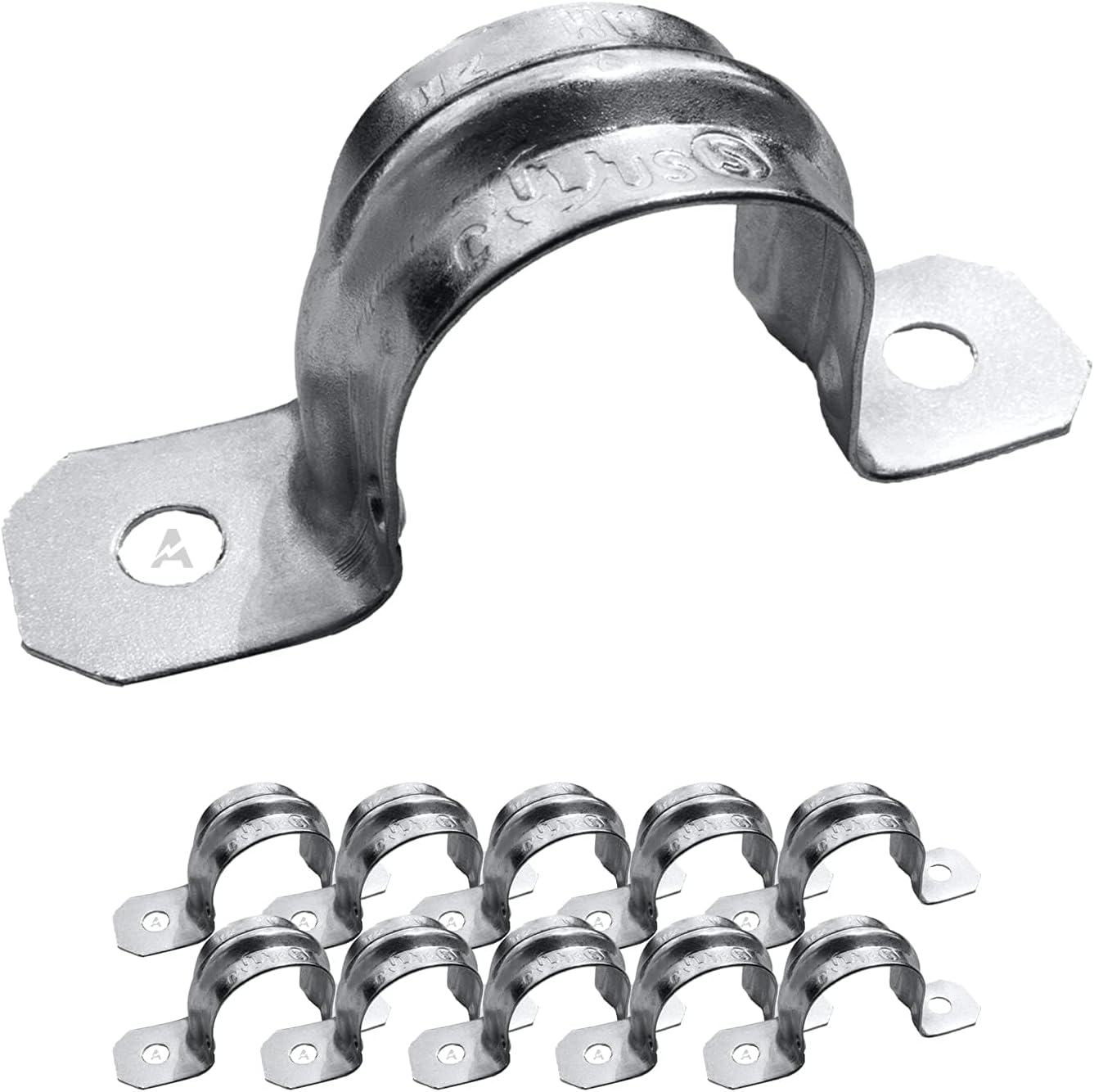 (5 Pack) 1-1/4-Inch EMT Two-Hole Conduit Strap — Reinforced Rib, Heavy-Duty Zinc-Plated Steel Pipe Clamp for Secure Electrical Installs, Rust-Resistant Snap-On Mounting Hardware