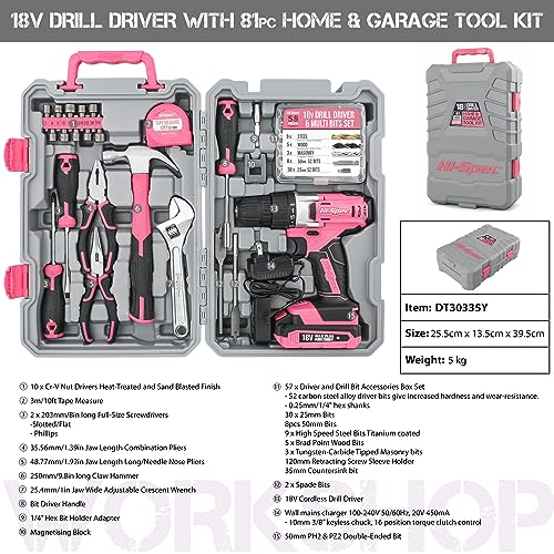 Hi-Spec 81-teiliges Pinkes Werkzeugset mit 18V Pinkem Akkubohrer und Bit Set. DIY für die Frau im Haus. Alles in einem Aufbewahrungskoffer – Bild 6