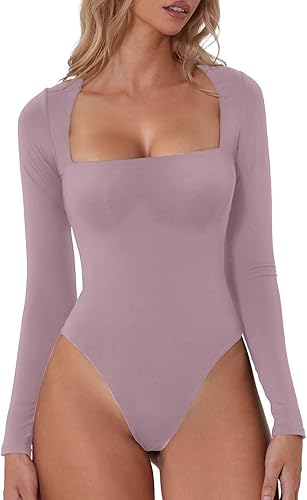 QINSEN Body sexy de manga larga con cuello cuadrado para mujer