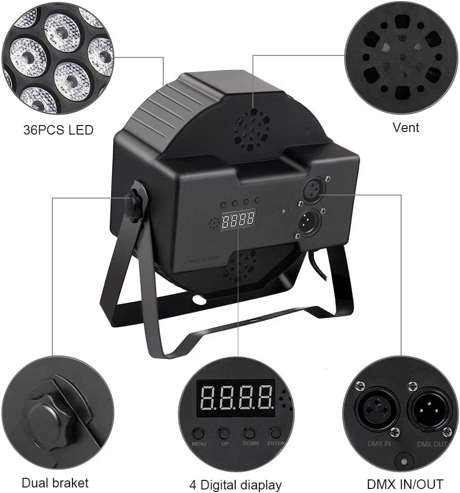 4 Pack Black MOSFiATA Par Lights 4 Pack, RGB 36 LED Stage Light Sound Activated DMX Control, 7 Modes Uplighting with Remote Control Stage Lighting, DJ Party Light for Club KTV Disco Party（4 Pack）