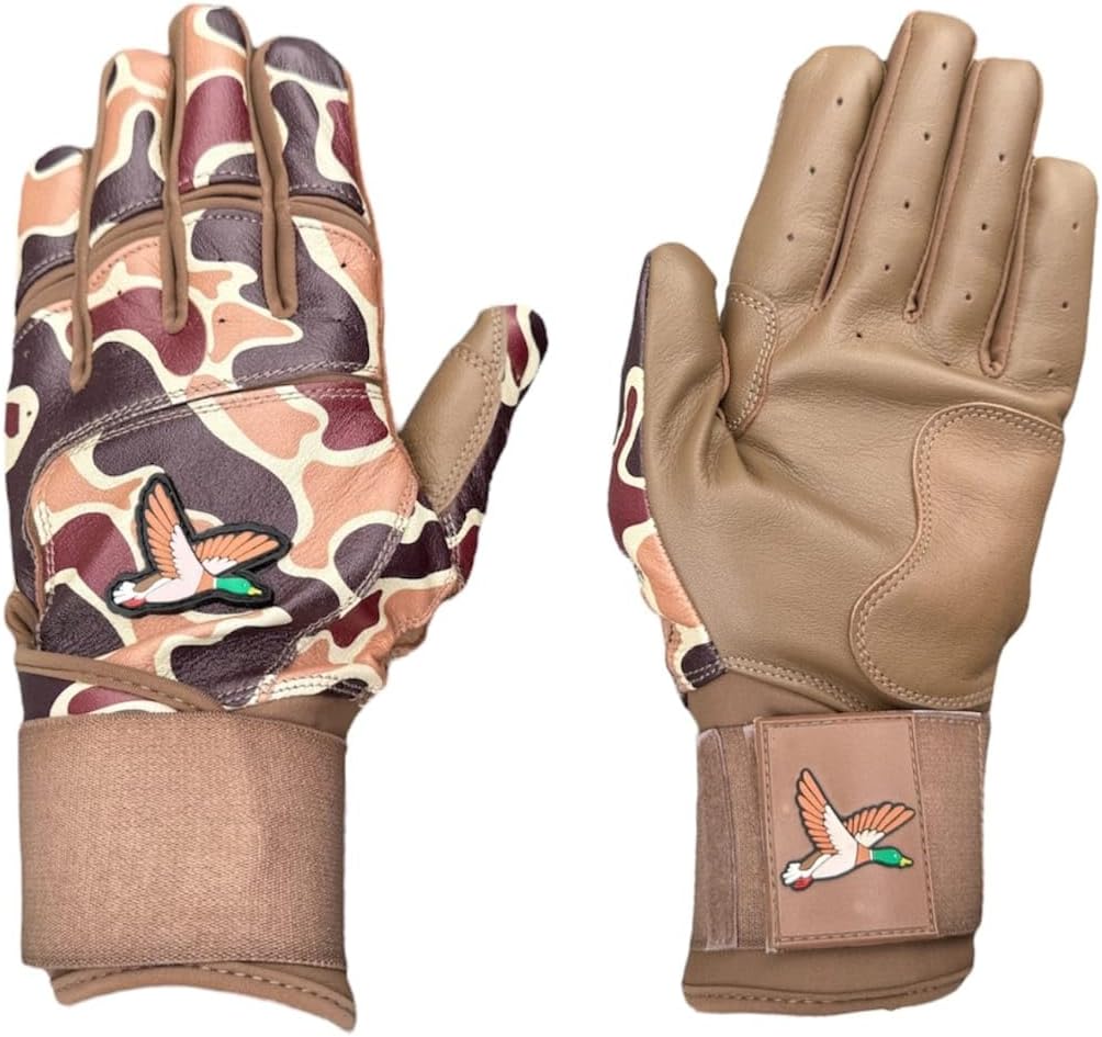 Duck Hunter Camo Long Cuff Batting Gloves, Premium Leather Grip Gloves for Men, Women & Youth, Breathable with Extended Wrist Support, Available in S-XL & Youth Sizes