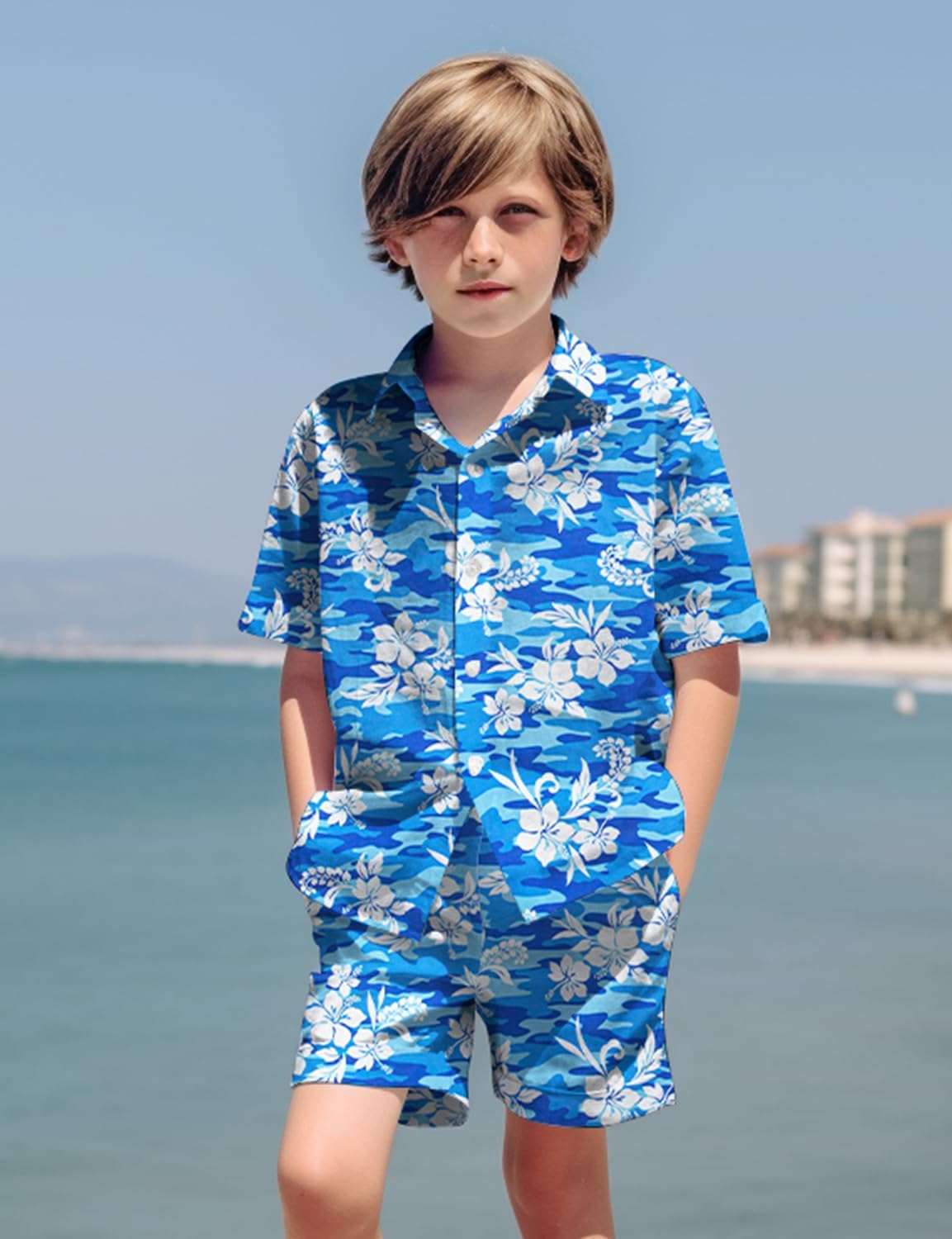 Yoimira Boys Hawaiian Shirt and Short Set Beach Shirts for Kids Printed Casual Outfit 2 Piece with Pocket 7-14 Years - Image 3