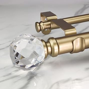 Double Curtain Rod Set1-1/8 Inch Diameter Luxury Gold Curtain Rods,72-144 Inch Adjustable Gold Drapery Rod with Crystal-clear Faceted Finials for 1 Pack
