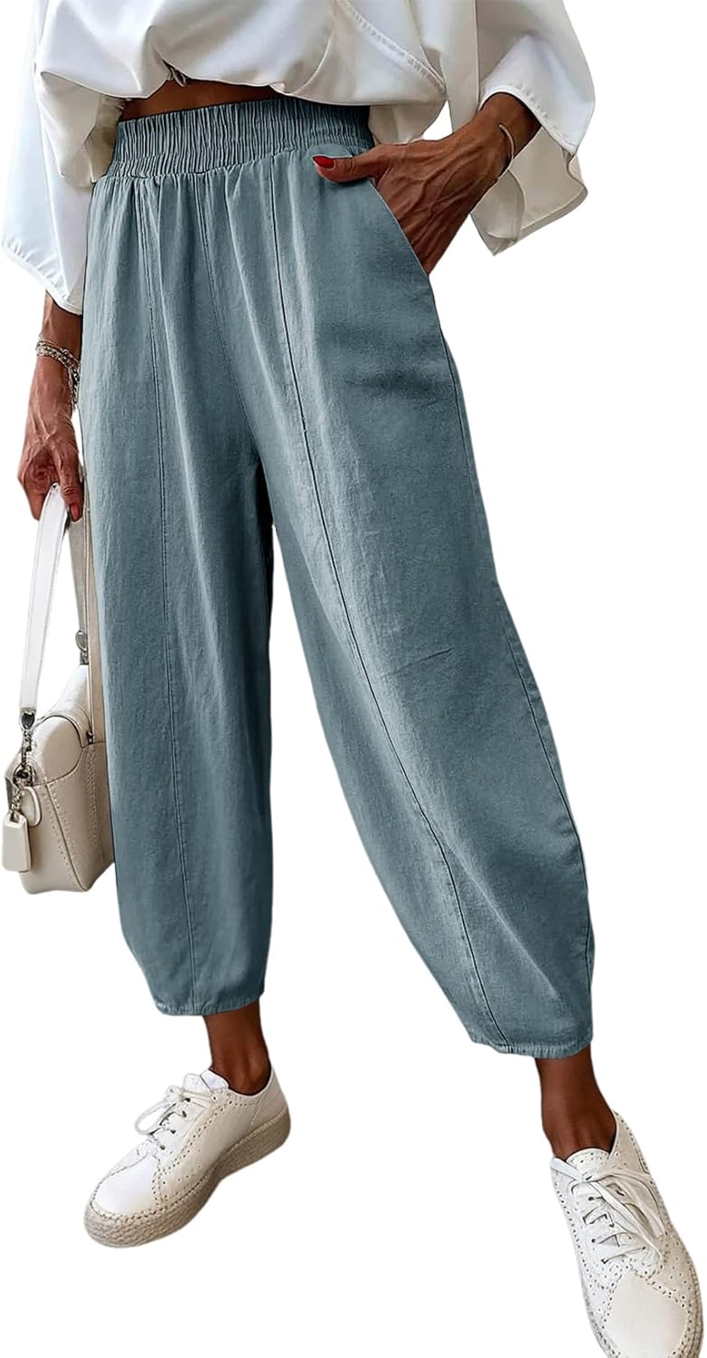 Dokotoo Womens Wide Leg Casual Pants for Summer Spring Cotton Baggy Loose Lounge Harem Pants Comfort Vacation Outfits