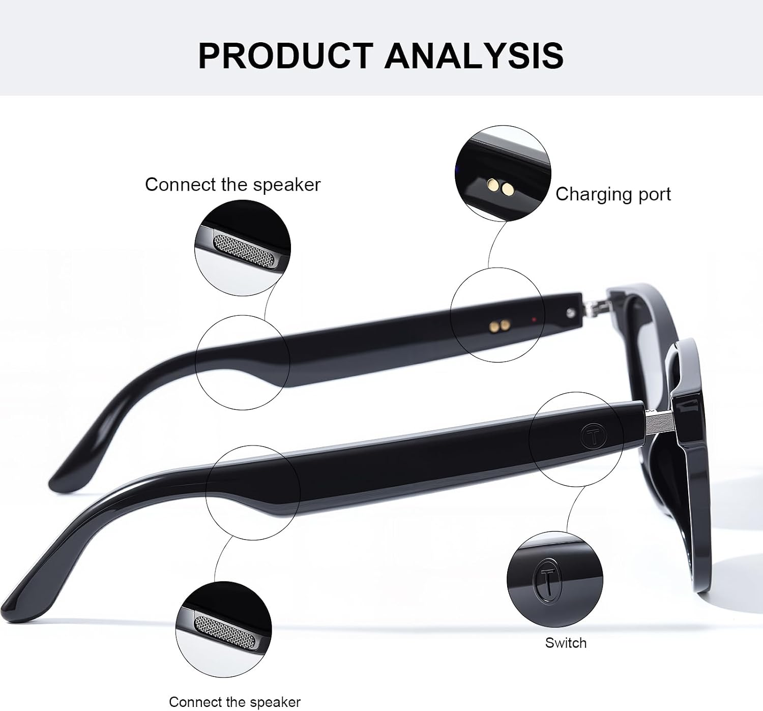 Quaoar Smart Bluetooth Audio Glasses Dual Speaker Open Ear Sound Mic Remote Shooting Voice Assistant for Women/Men (Black Sunglasses)