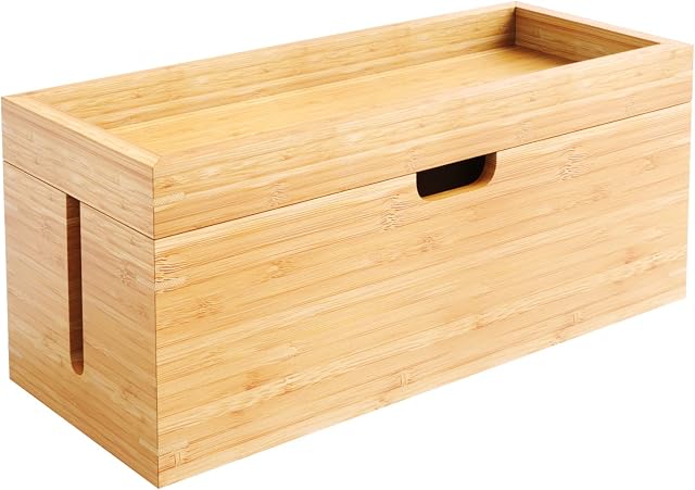KD Essentials  Bamboo Storage Box with lid (suitable for storing chargers, power strips and cables  cable management box  made of wood)