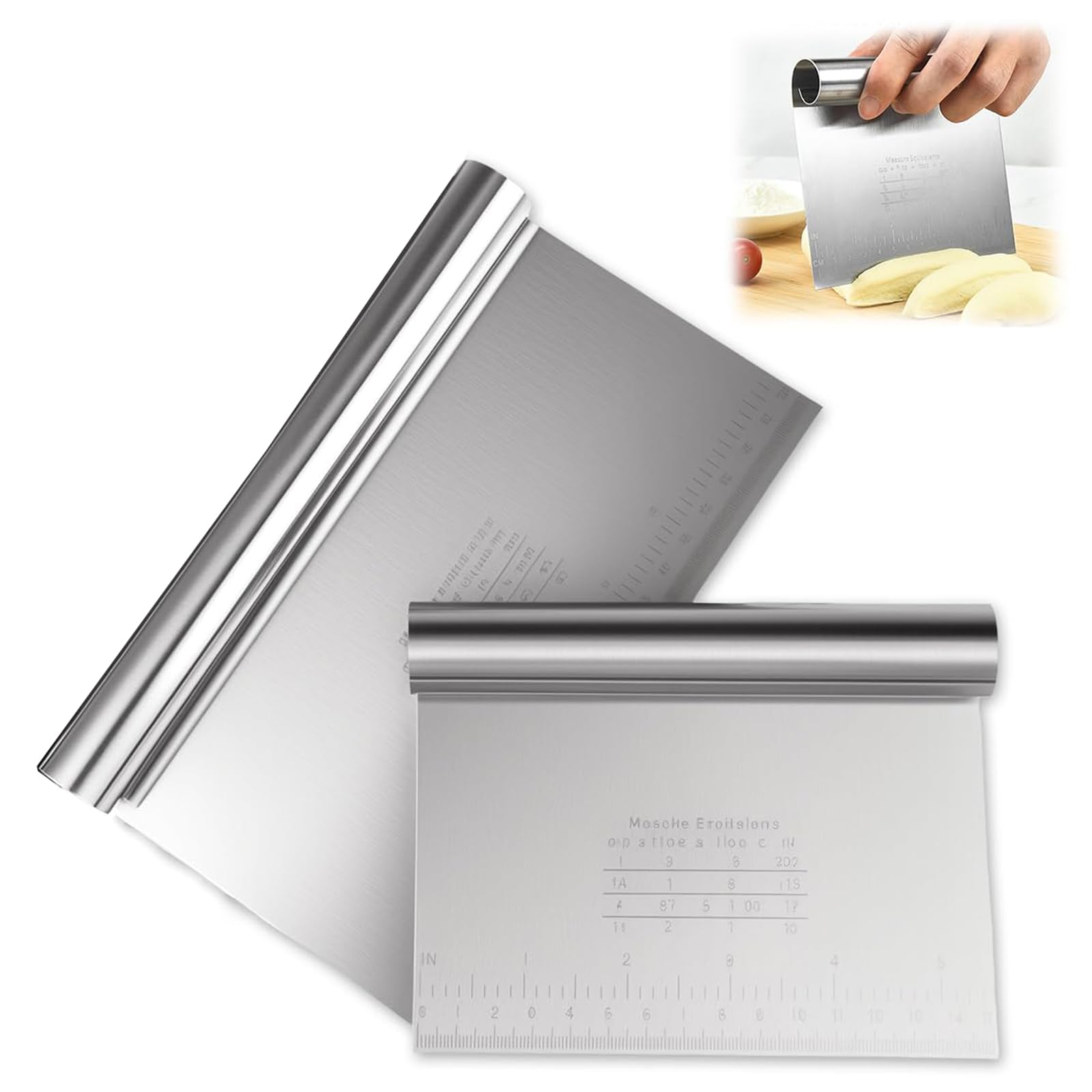 2 Pcs Dough Scraper, Stainless Steel Bench Scraper Kitchen Non-Stick Dough Cutter with Precise Scales for Cutting Bread Pastry Pizzadough (15cm, 22cm)