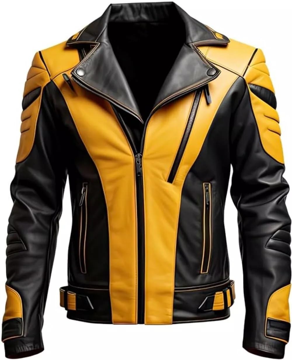 Marzz Store Mens Yellow Black Biker Leather Jacket-Geniune Sheepskin Leather Retro Sleek Zip-Up Stylish Motorcycle Jacket