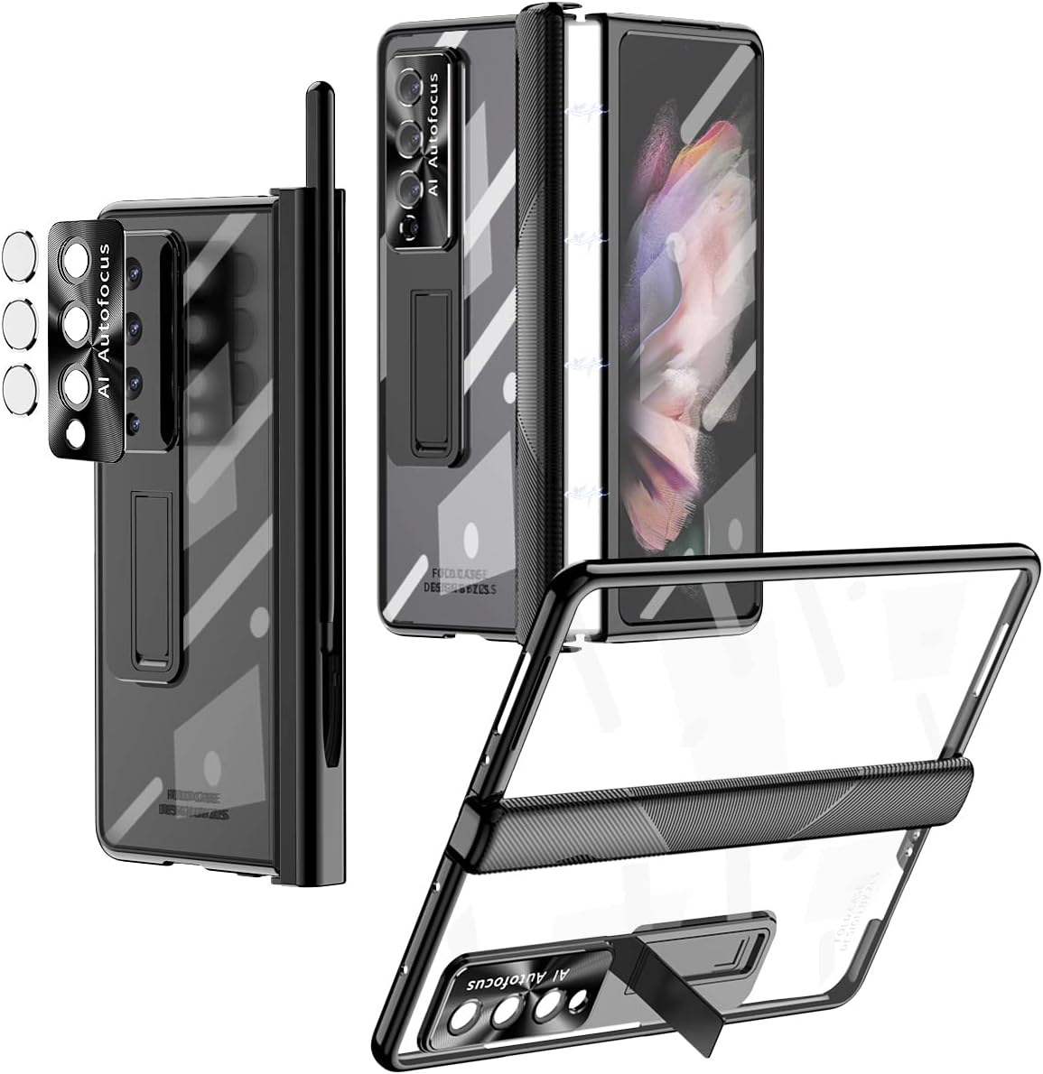 NP for Galaxy Z Fold 3 5g Case with Pen & Magnetic Pen Holder, Kickstand Case [Magnetic Hinge Protection] [Built in Screen & Camera Lens Protector] Cover case for Samsung Z Fold 3 Clear Case (Black)