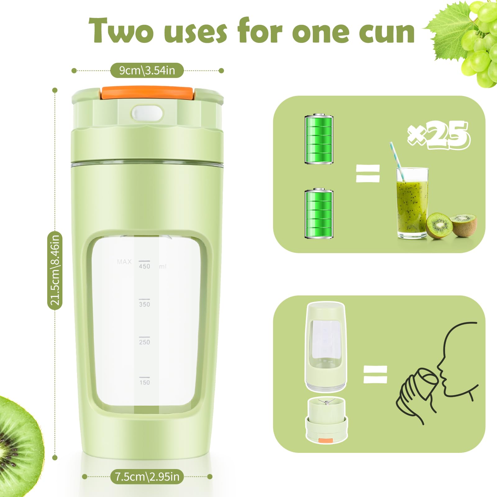 Lekki Przenośny Blender, ręczny mikser do owoców o pojemności 600 ml, mocny bezprzewodowy mini blender, z możliwością ładowania, smoothie, koktajle białkowe, kruszy lód i mrożone owoce (Zielony)