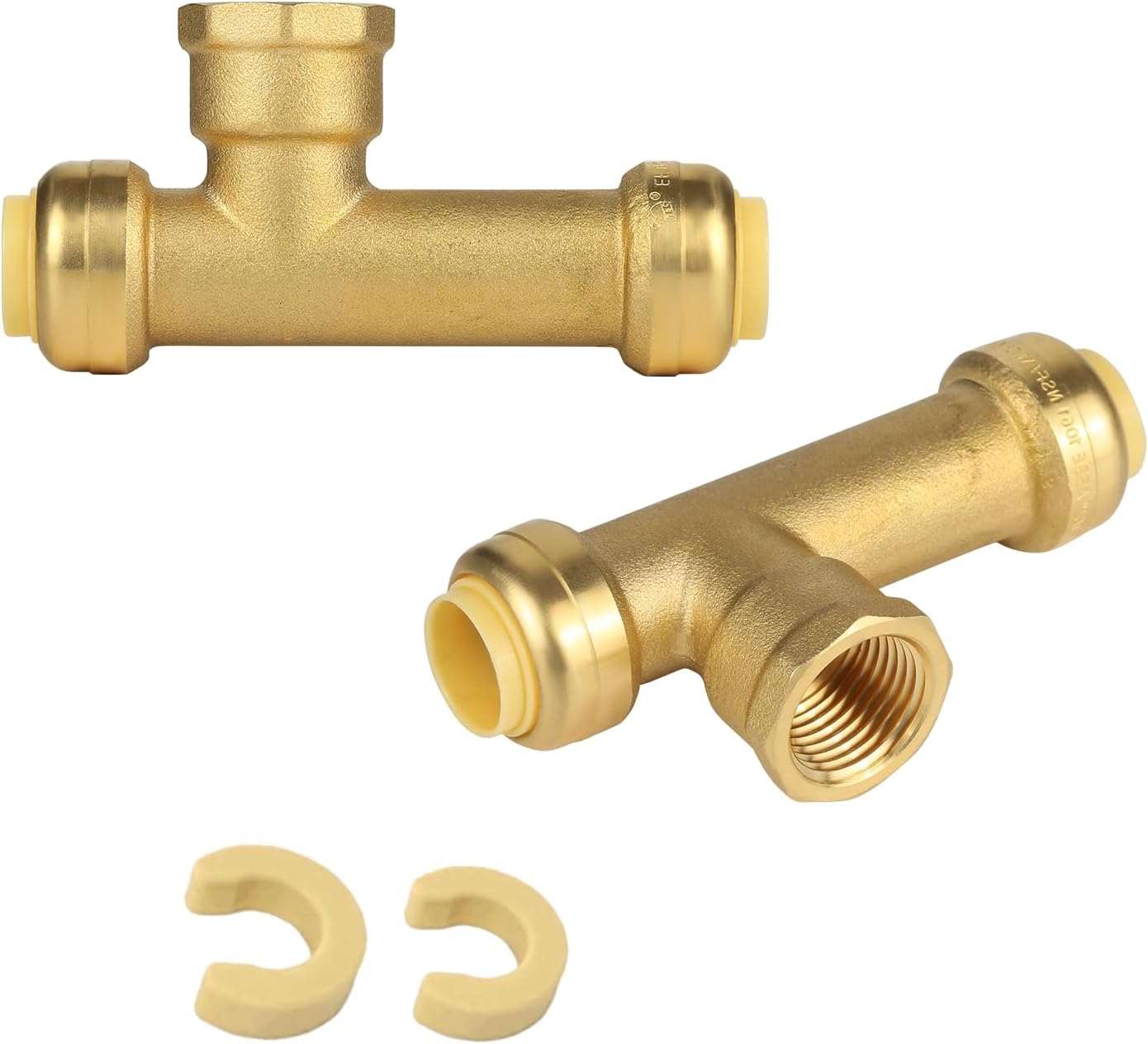 （Pack of 2）Foskan Push Fit Fittings, 3/4"PTC x 3/4"PTC x 3/4"Female Thread Slip Tee, Brass Fittings For Connecting PEX, Copper, CPVC Pipes for Pipe Repairs & Projects