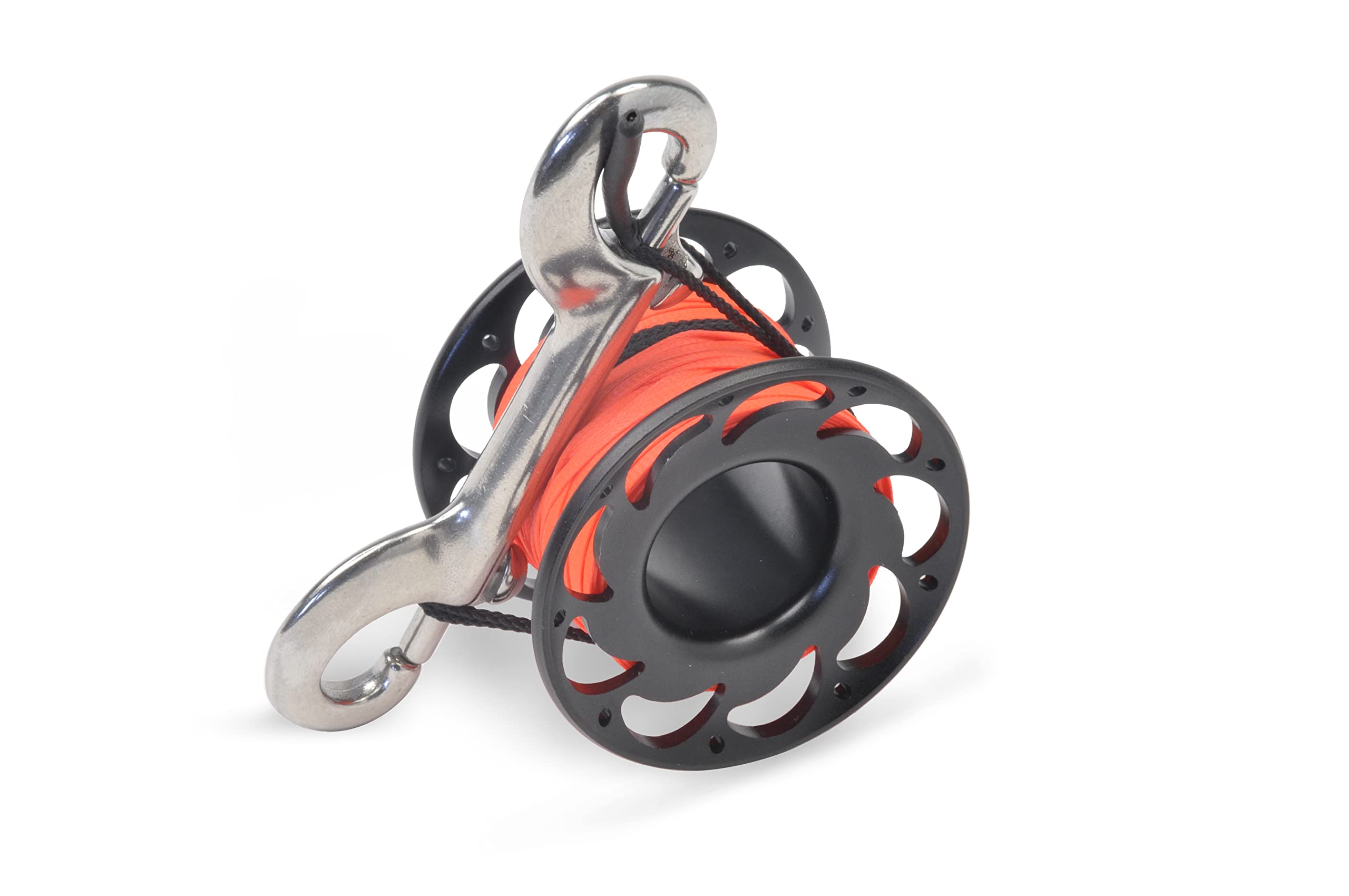 Mini reel aluminio ø59x42mm con acabado anodizado y sagola naranja plana de 15m