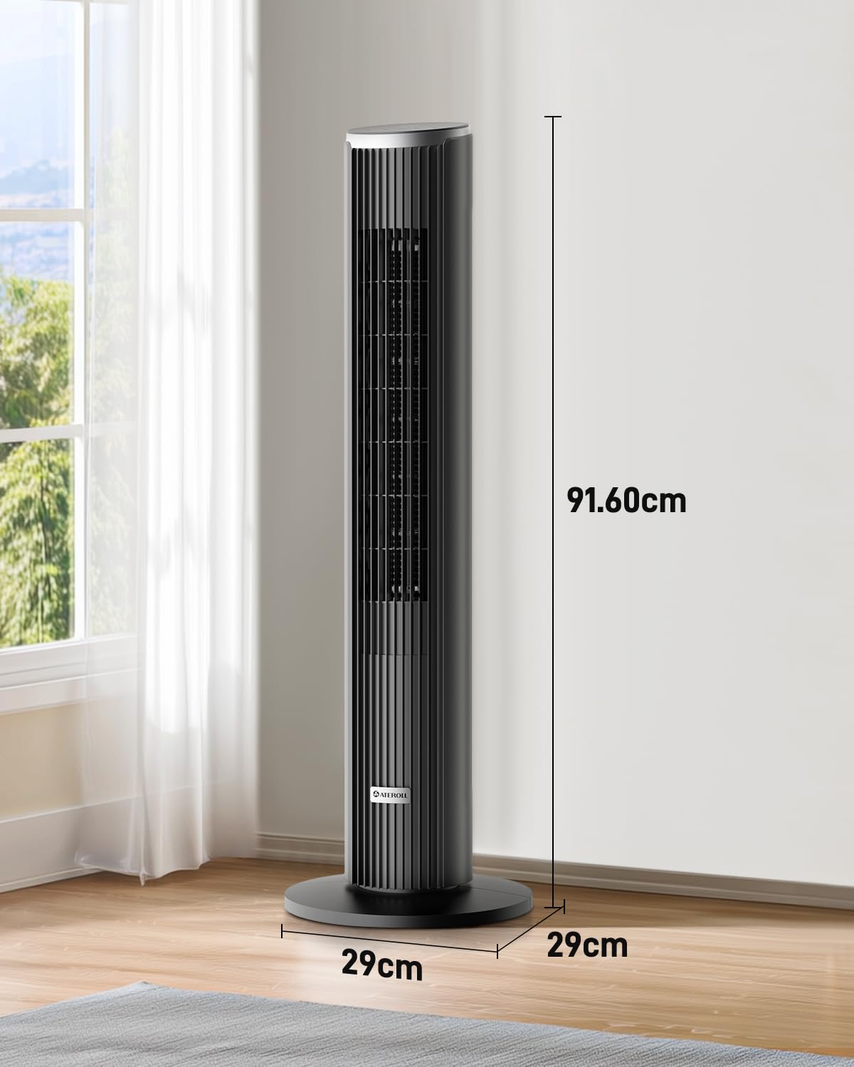 Ateroll Leiser Turmventilator für Schlafzimmer, Standventilator mit Fernbedienung, 90° oszillierend, 4 Geschwindigkeiten 3 Modi 12H Timer LED-Anzeige, 91 cm Elektrischer Kühlventilator, Schwarz