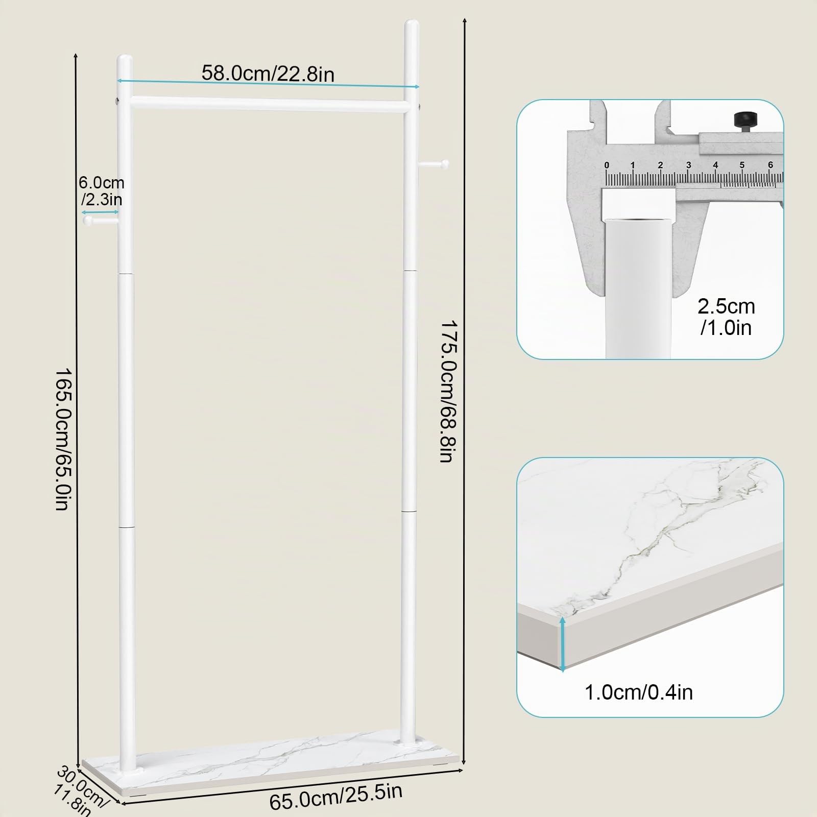 OUTBROS Métal Porte Manteau, 60cm Largeur Portant à Vêtements, Blanc | Porte Manteau sur Pieds avec 2 Crochets, Portant vetement avec Dalles de Roche, Endurance Coat Rack, Simple à monter