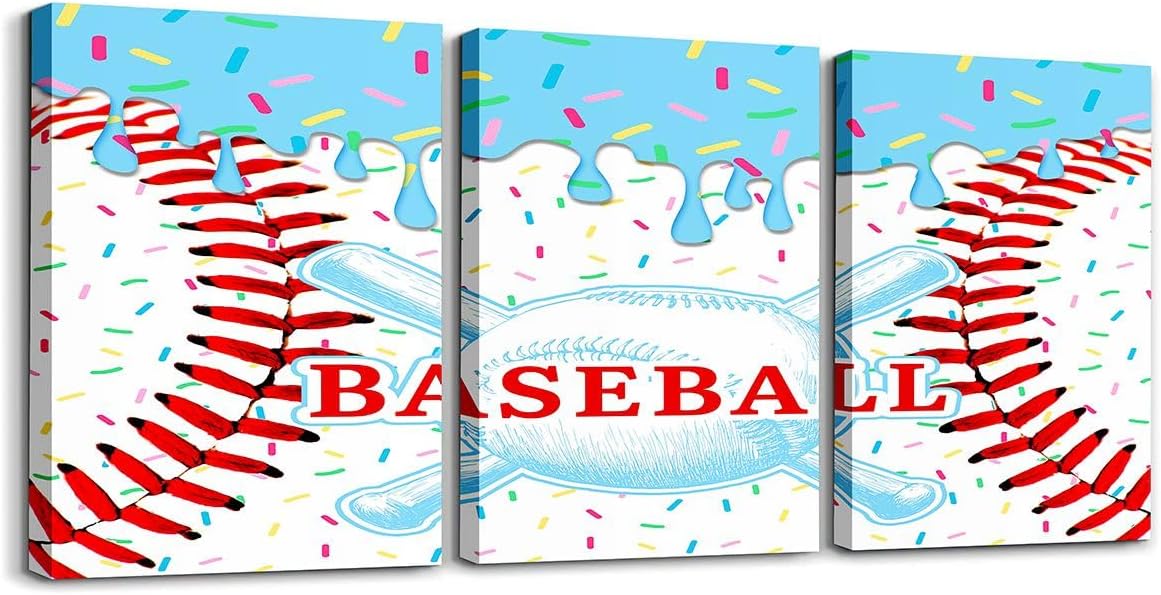 Erosebridal Baseball Canvas Wall Art 12"X 16" Sport Ice Cream Picture Wall Decor Baseball Gaming Artwork Posters Cute Colorful Dessert Candy Painting For Gallery Living Room Bedroom, Blue image 2