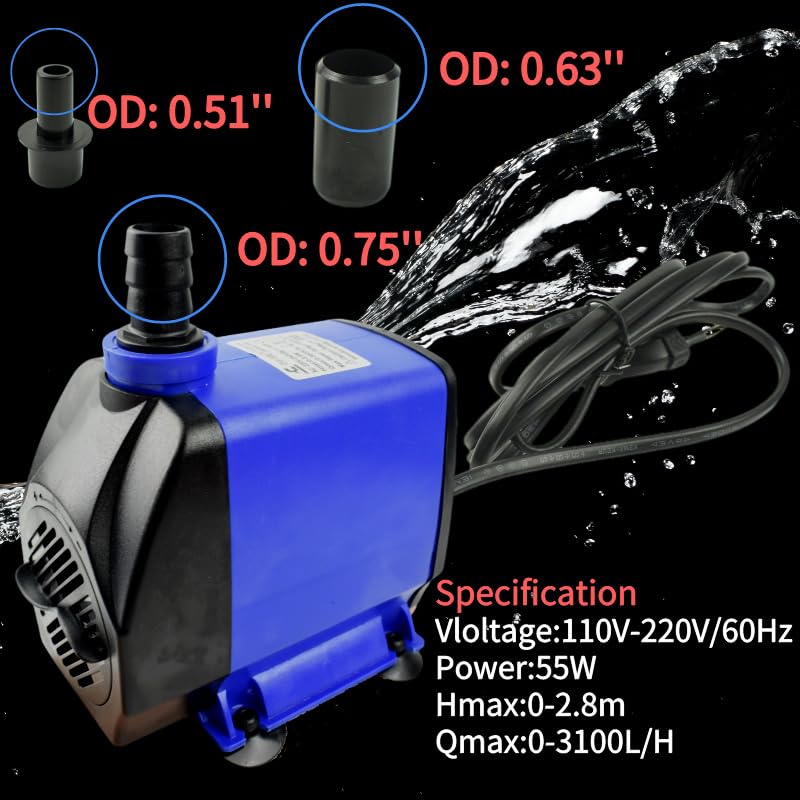 Image of Conquerall CHA-2800 800GPH 3100L /H AC 110V Submersible Pump 55W Adjustable High-Flow Water Pump for Aquariums, Hydroponic Systems, Waterfalls, Ponds, Soilless Plants and Pet Fountains