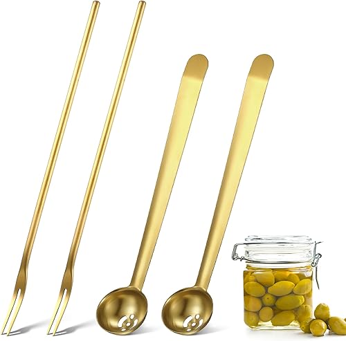 Miniatura 8 de 4 cucharas de olivo de mango largo de 75 pulgadas y tenedor de pepinillo de 87 pulgadas cucharas de servir y tenedor de alcaparazón ranurado tenedor