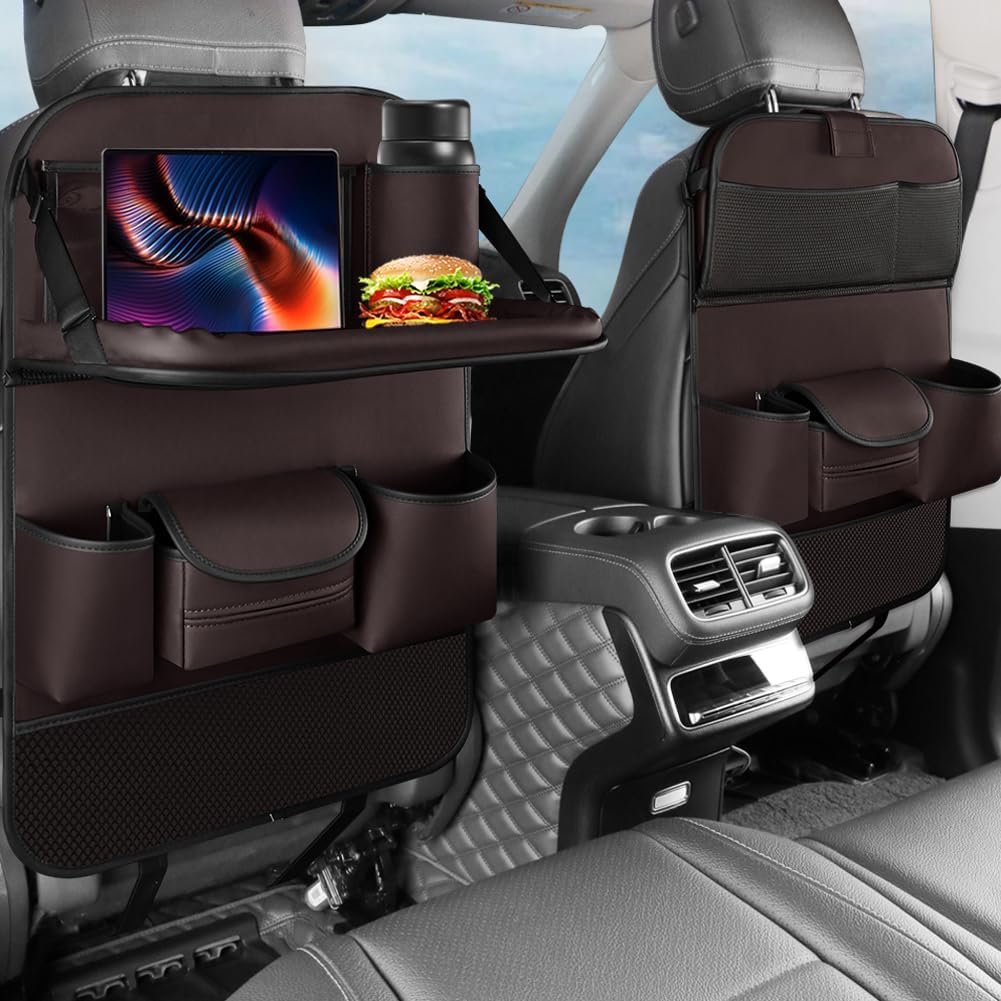 2PCS Car Backseat Organizer Seat Back Protectors Kick Mats with Foldable Table Tray, PU Leather Car Storage Organizer with Tablet Holder, Car Tissue Holder Kids Toys Storage Travel Accessories (Gray)