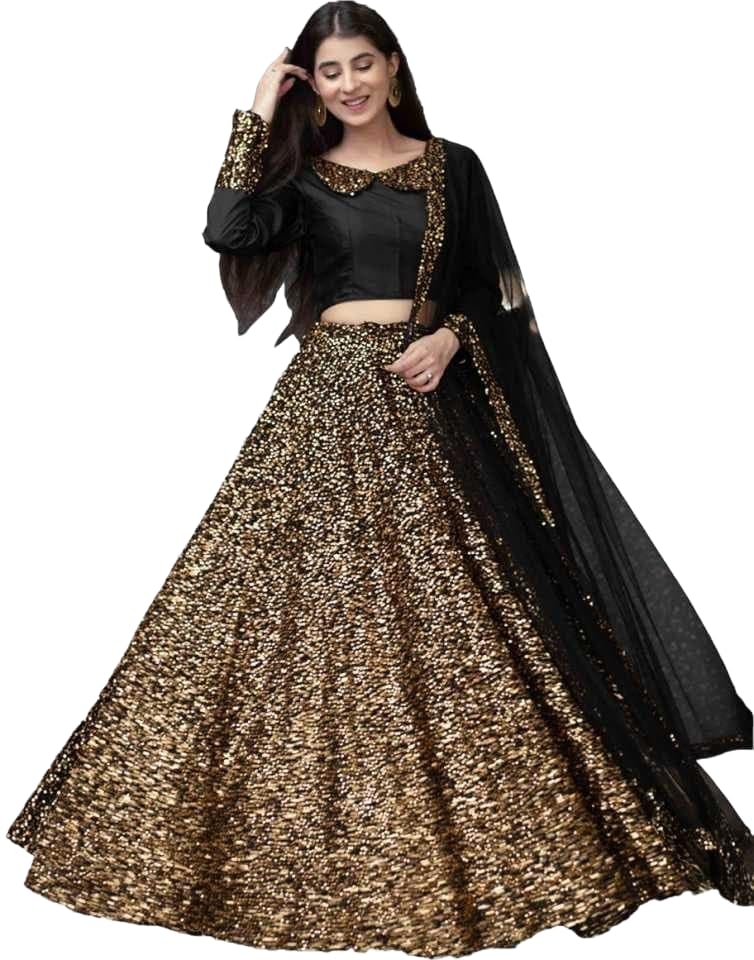 Women’s Embellished Sequence Velvet Ethnic wear Semi-stitched Lehenga Choli With Dupatta Set (N-55465_Golden)