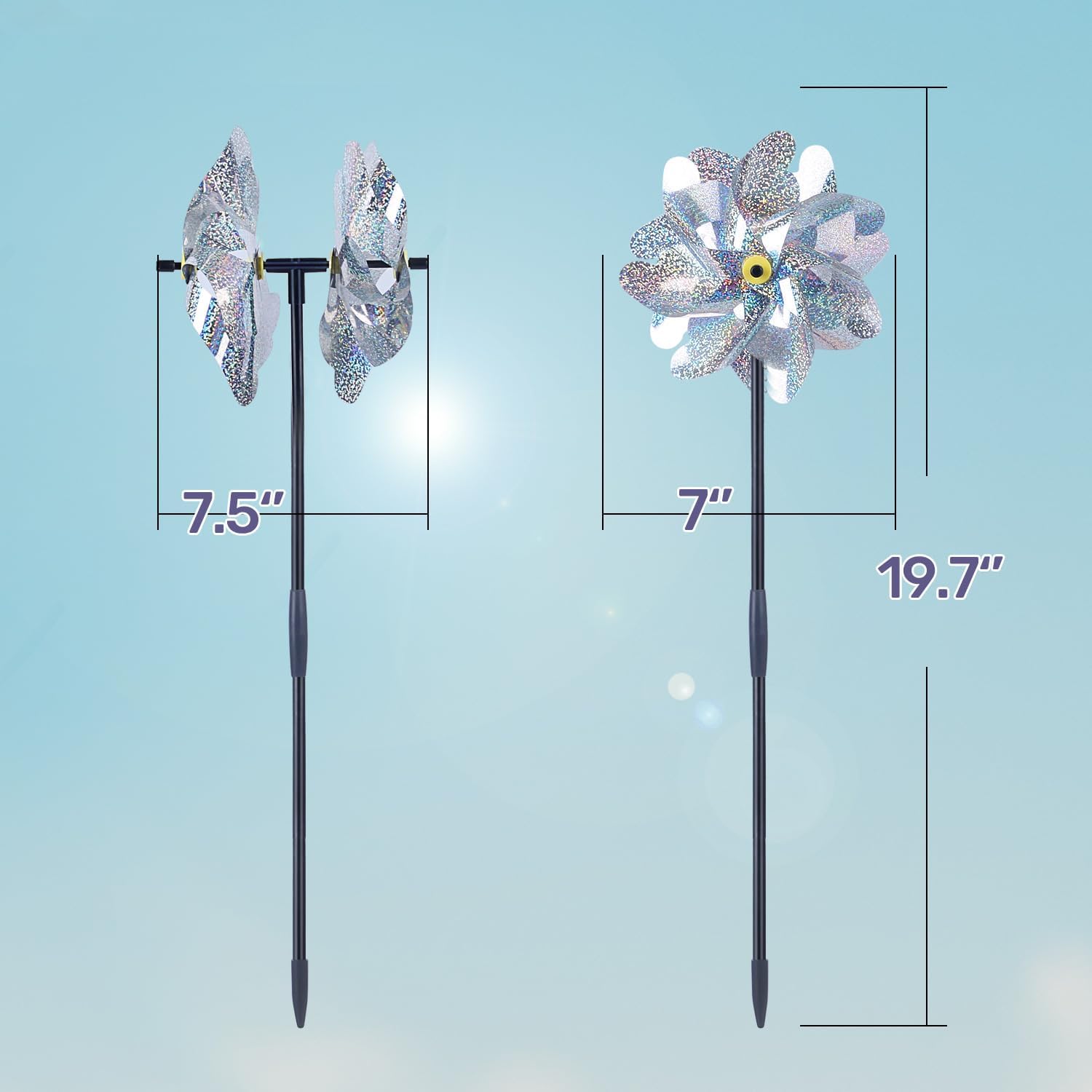 BATTIFE Reflective Pinwheels for Yard and Garden, Pre-Installed Sparkly Blind Birds Pin Wheel, Scare Birds & Animal Away Wind Spinner, 6 Pack (Silver Double-Sides)