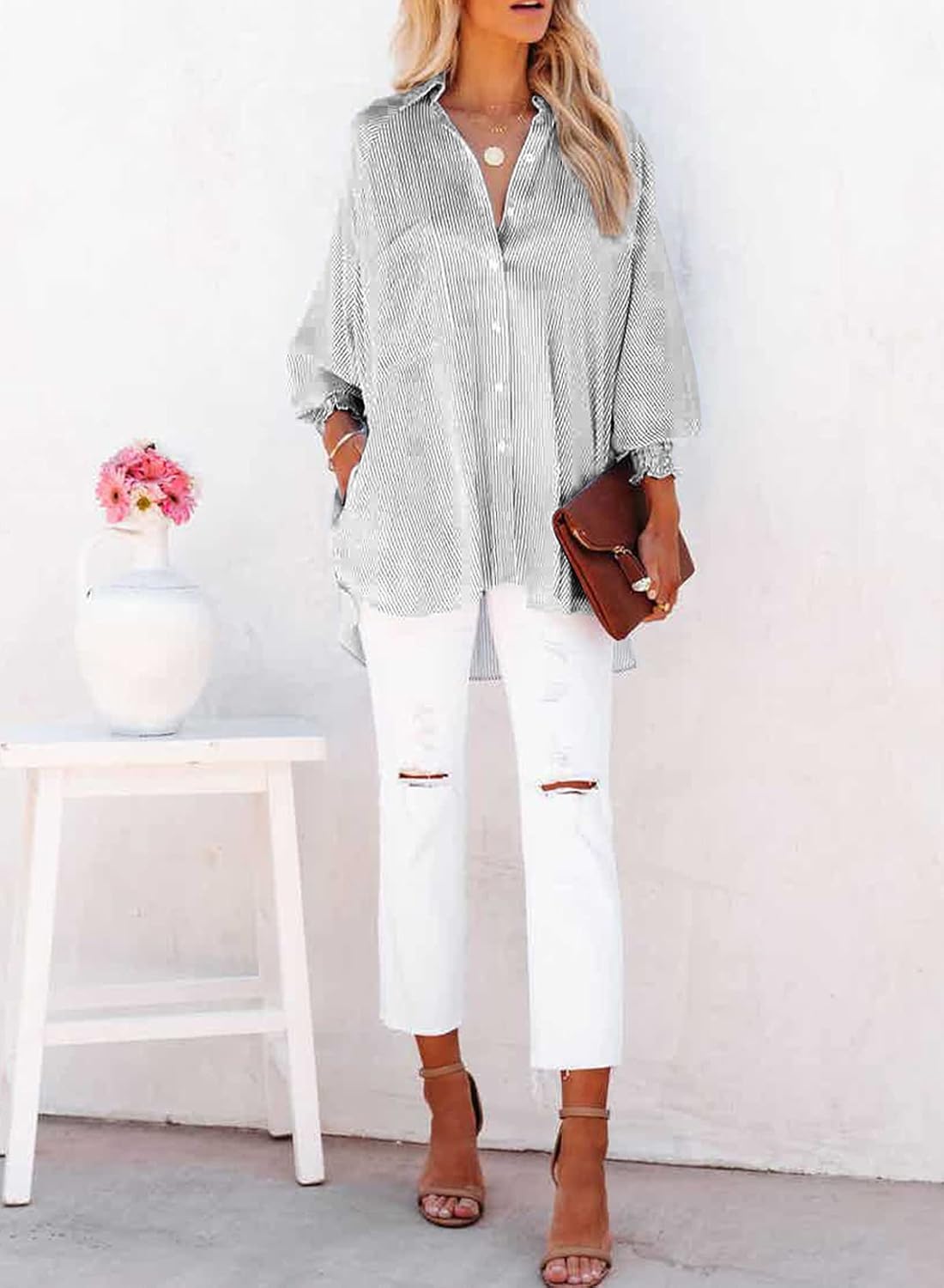 Womens Smocked Cuffed Striped Boyfriend Shirt Casual Collar Long Sleeve Oversized Button Down Blouse Tops with Pocket Shirred - Image 3