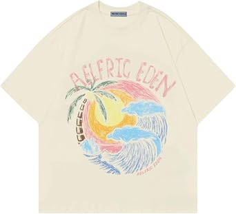 Aelfric Eden Womens Oversized Sunset Palm Graphic Cotton Short Sleeve Shirt | Soft 100% Cotton, Vintage Sunset Palm Graffiti Print, Oversized Unisex Short Sleeve Tops, Crew Neck Casual Summer Tee