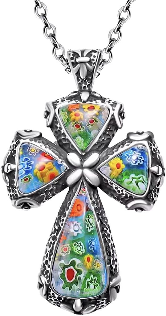 Shop LC Cross Necklace for Women Black Oxidsized Murano Style Colorful Glass Flower Stainless Steel Chain Size 20" Catholic Faith Religious Jewelry Christian Gifts