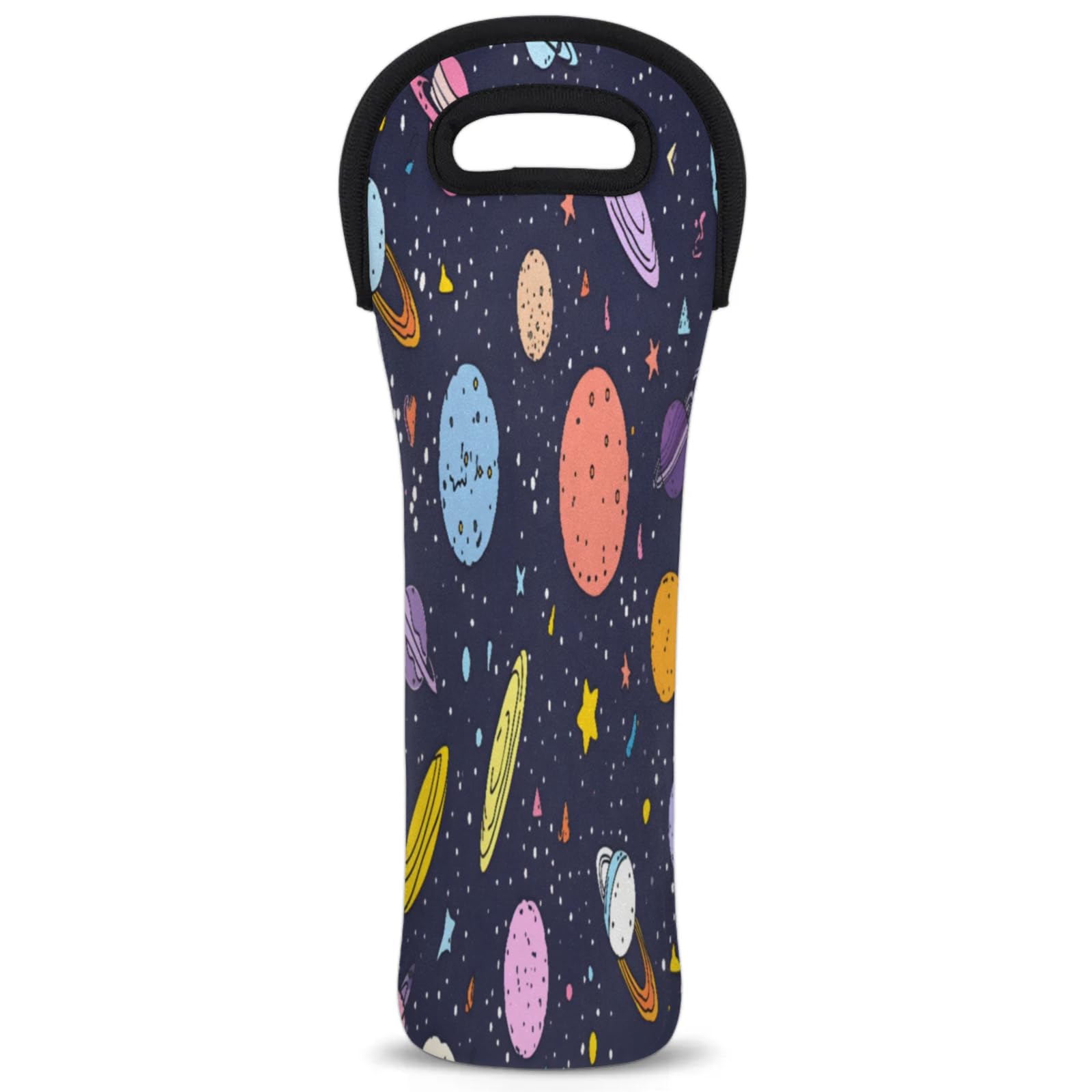 Colorful Planet Cartoon Single Bottle Wine Bag Insulated Neoprene Wine Bottle Bag Travel Tote with Handles Wine Gifts Carrier for Wedding Picnic Parties