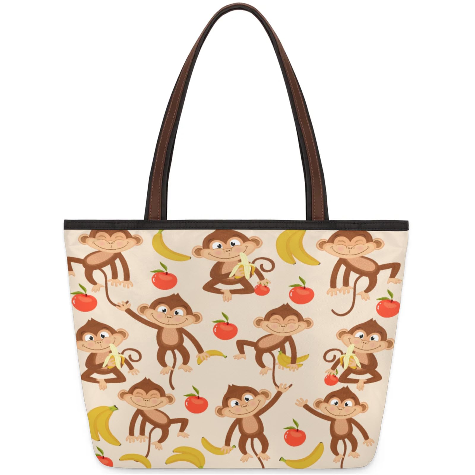 Monkey Apples Bananas Tote Bag Multi Pocket Zippered Beach Bag Lightweight Waterproof Handbag for Women Men Work Gym Travel Swimming Yoga Grocery Shopping M
