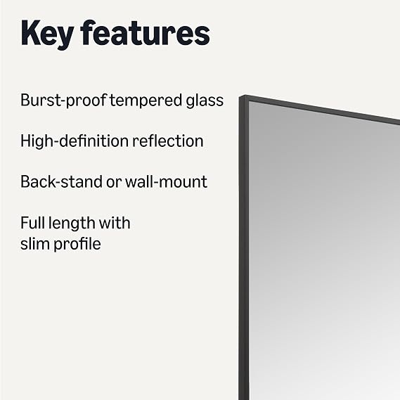 Amazon Basics Full Length Rectangular Mirror, Wall/Floor Mount, Standing Mirror with Aluminium Alloy Frame, 162.6 x 53.3 x 1.4 cm, Black