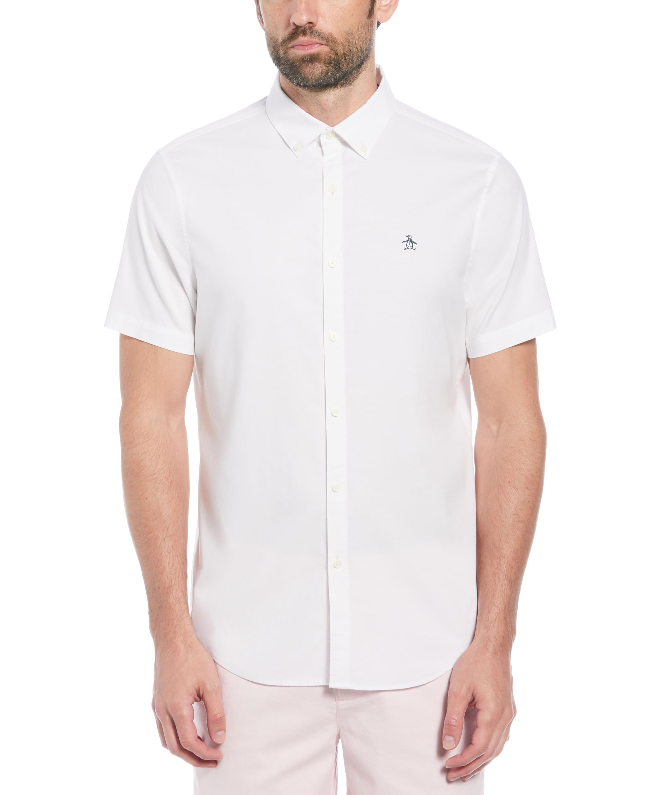 Original Penguin Men's Bright White - Shirt, Ss Oxford Strtch No Fit Shirt, Xl