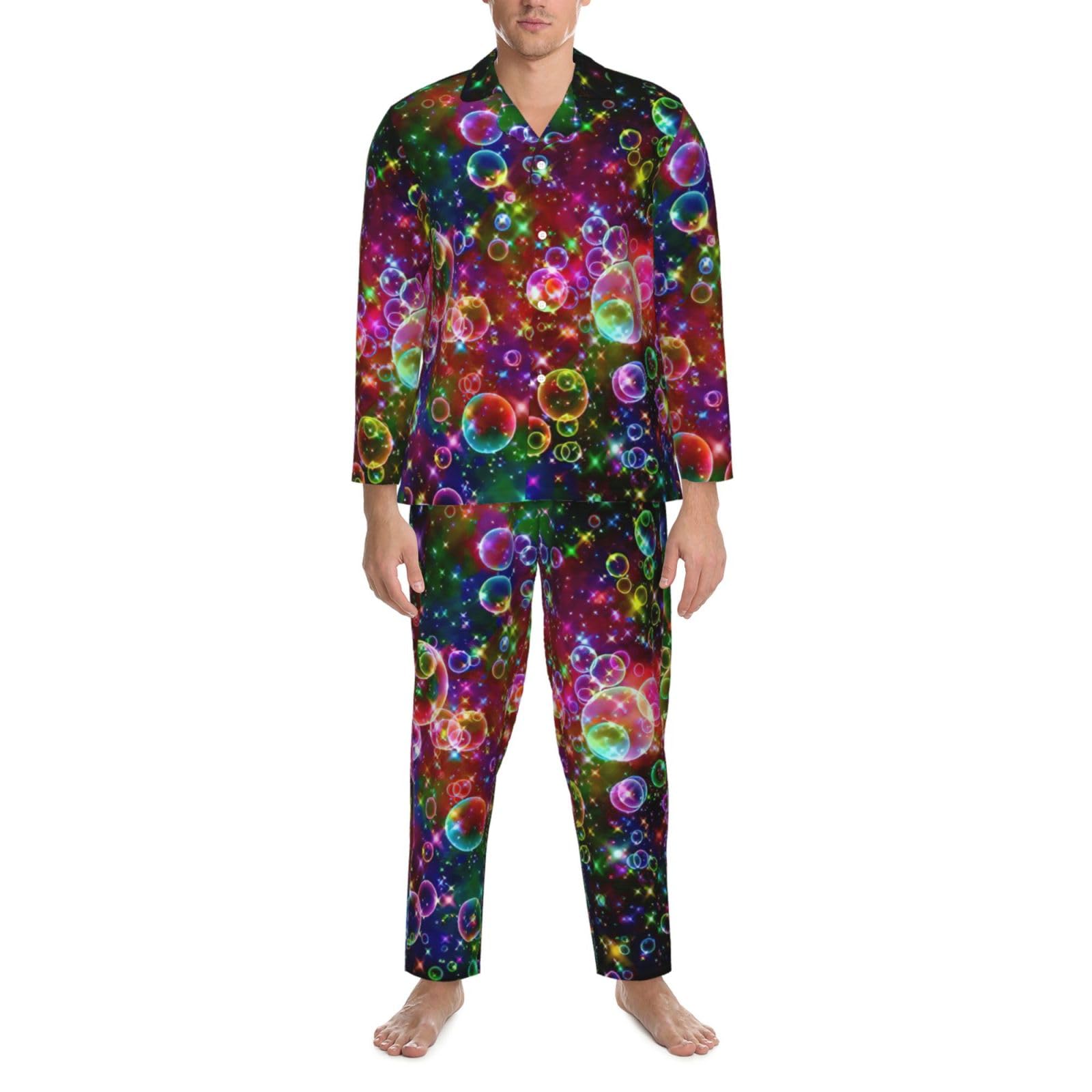 Conjunto de pijama de manga larga para hombre con estampado de estrellas y arcoíris colorido, ropa de dormir de dos piezas, transpirable, cómoda