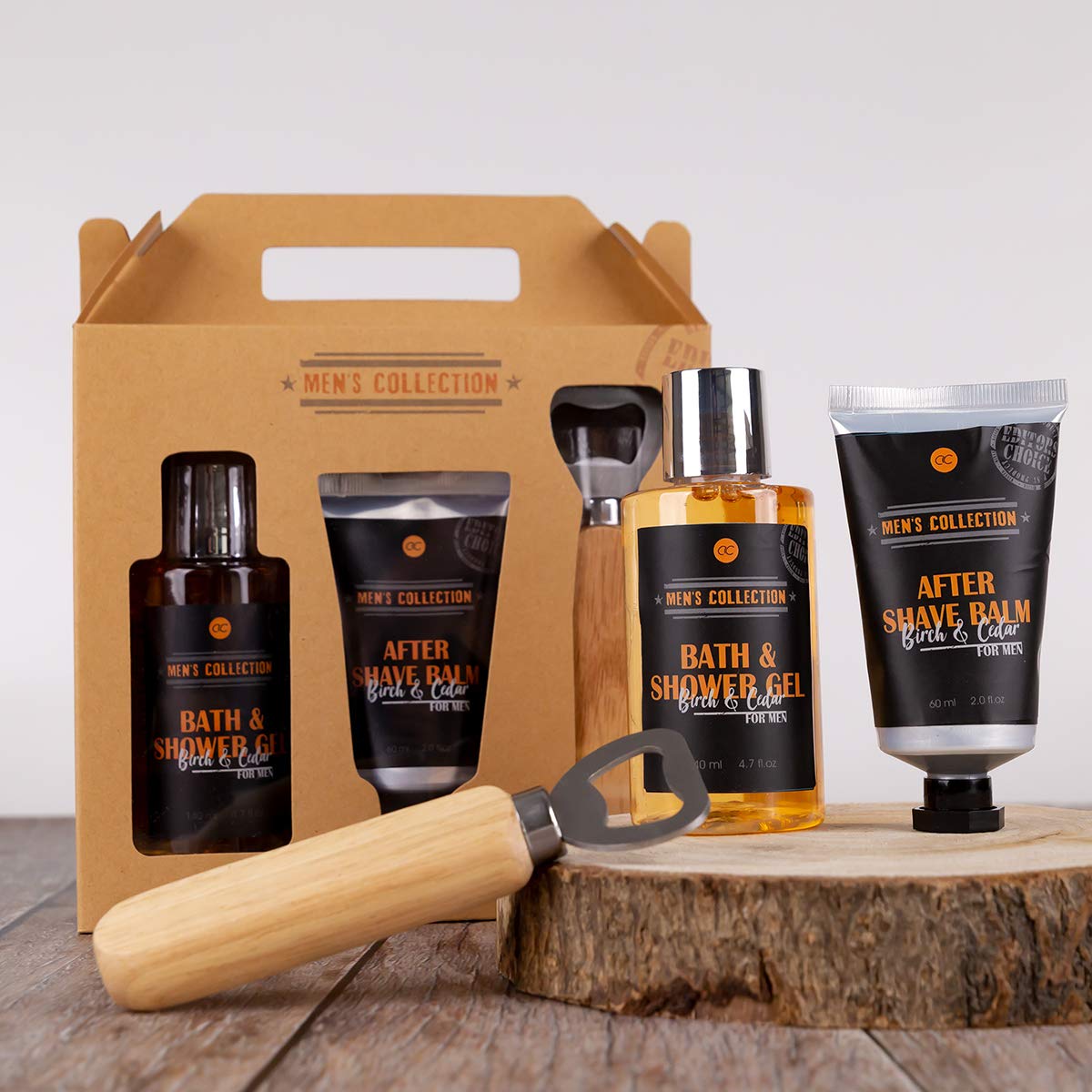 Accentra Zestaw upominkowy MEN'S COLLECTION w pudełku prezentowym z papieru typu kraft z uchwytem, w zestawie żel do kąpieli i żel pod prysznic, 60 ml balsam po goleniu i otwieracz do butelek z