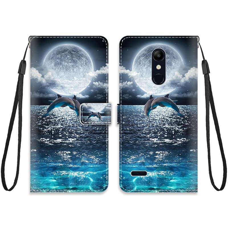 KARTXITAI Funda Compatible con LG K11,PU Carcasa Libro con Tapa magnético Flip Case en Cuero Antigolpes Cover con Dibujos Ranura Tarjeta Soporte Cartera-Delfines,mar,Luna,Cielo