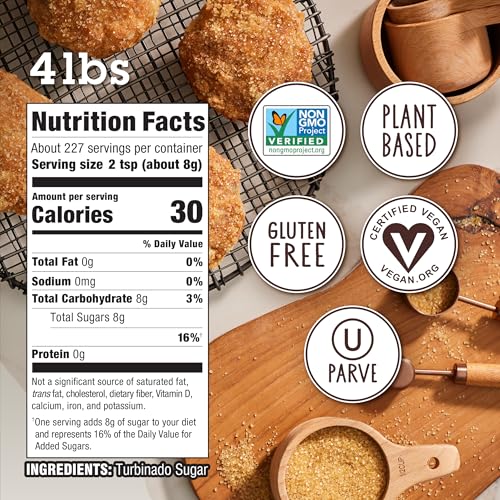 Image of Sugar In The Raw Granulated Turbinado Cane Sugar, No erythritol, Pure Natural Sweetener, Hot & Cold Drinks, Coffee, Cooking, Baking, Vegan, Gluten-Free, Non-GMO, Bulk-Sugar, 4lb Bag (Pack of 4)