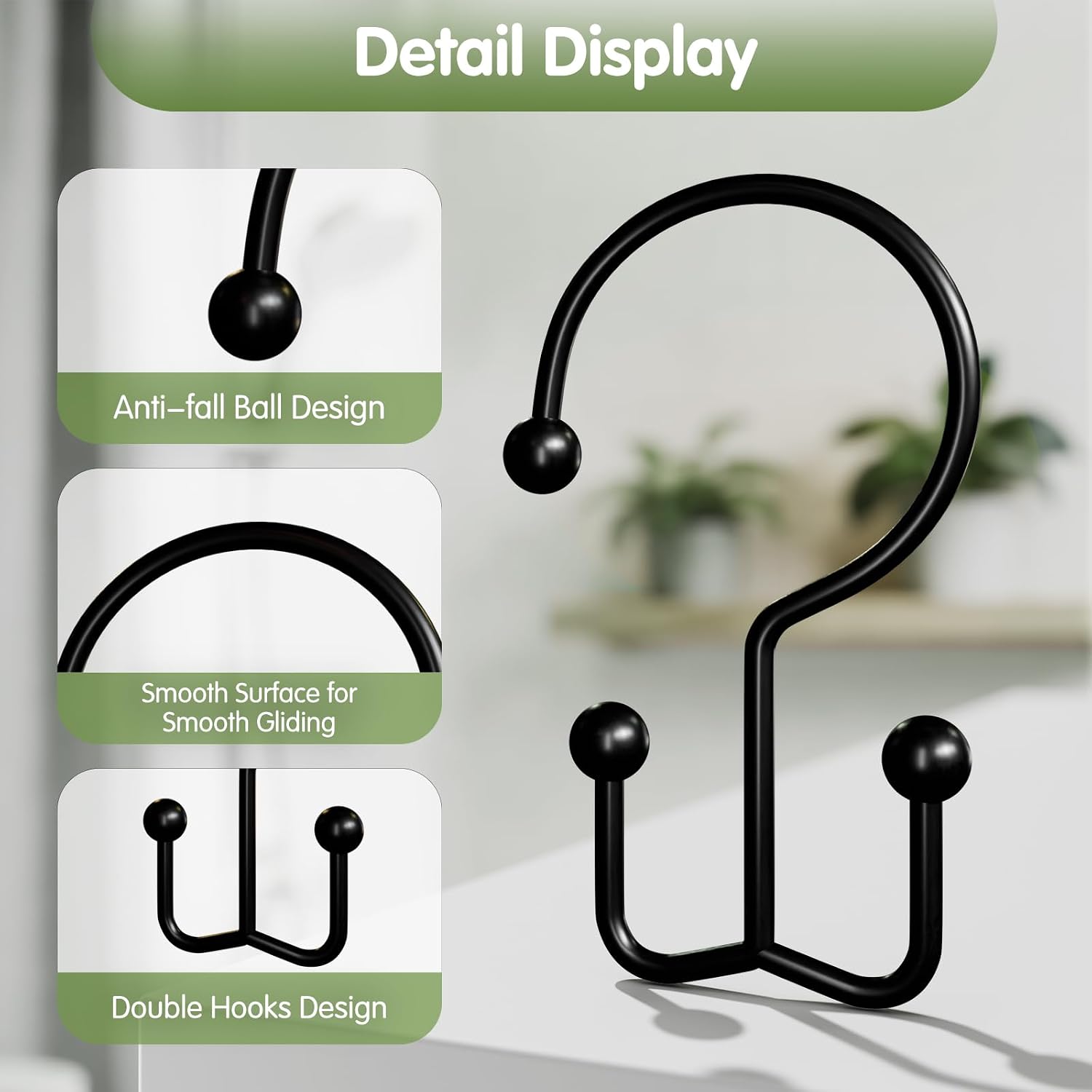 OEH 24 Pcs Shower Curtain Hooks, Metal Shower Curtain Rings, Black Shower Curtain Hooks Rust Proof, Double Shower Rings for Curtain, Easy Install Anti-Drop Shower Hooks for Shower Curtain, Black image 4