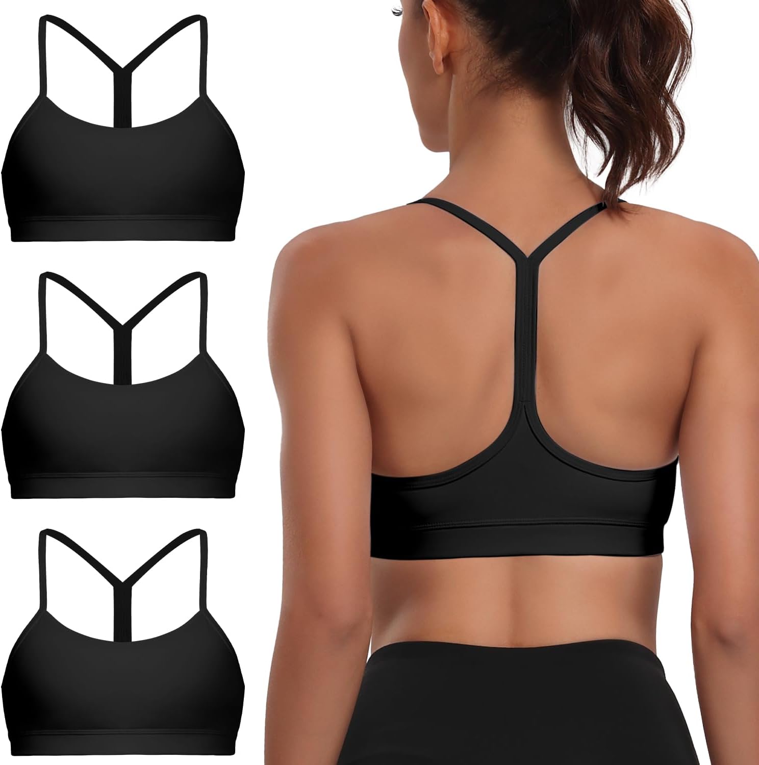 Women's 3-Pack Y-Back Sports Bra, Thin Spaghetti Strap Nylon Yoga Bra with Removable Cups, Light Support Bralettes