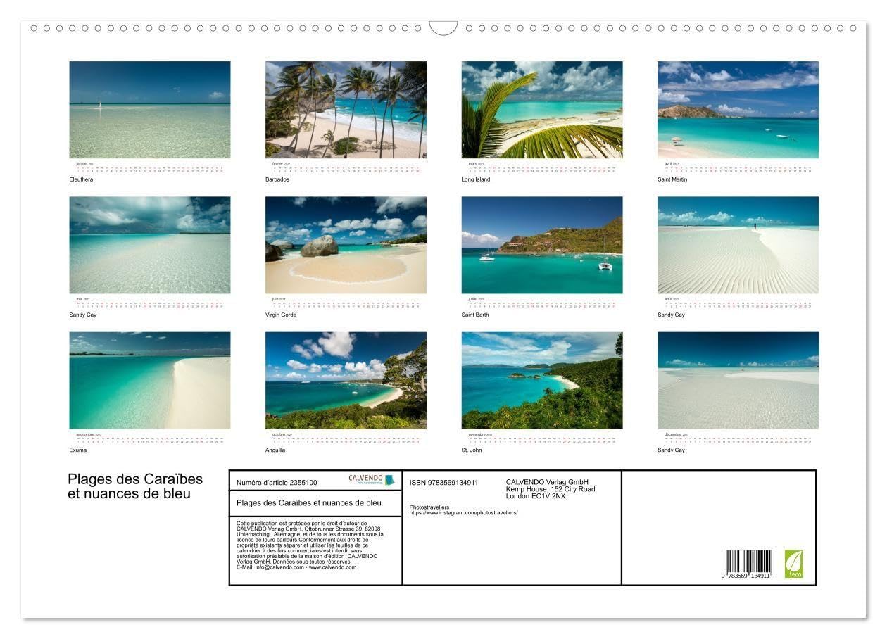 Plages des Caraïbes et nuances de bleu (Calendrier mural 2027 DIN A2 vertical), CALVENDO calendrier mensuel: Des lieux pour régénérer l'esprit