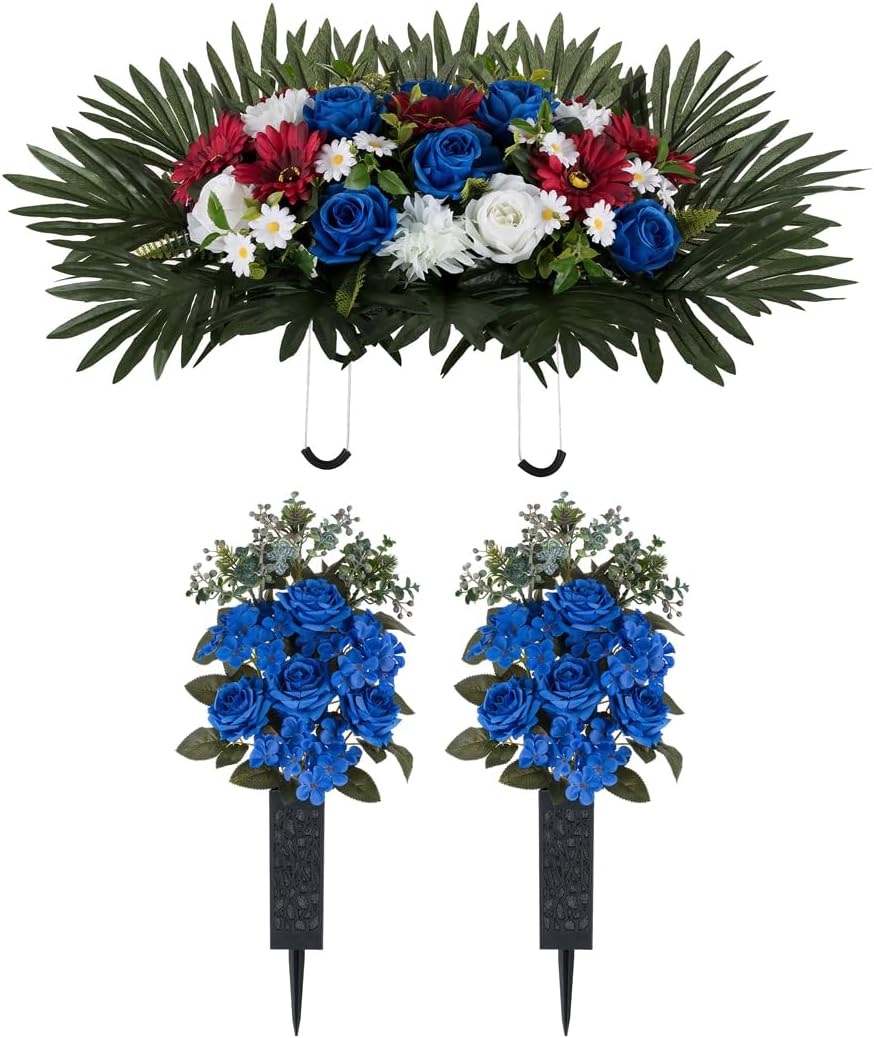 2 Pcs Memorial Flowers Bouquet and Headstone Flower Saddle Arrangements for Cemetery Decorations